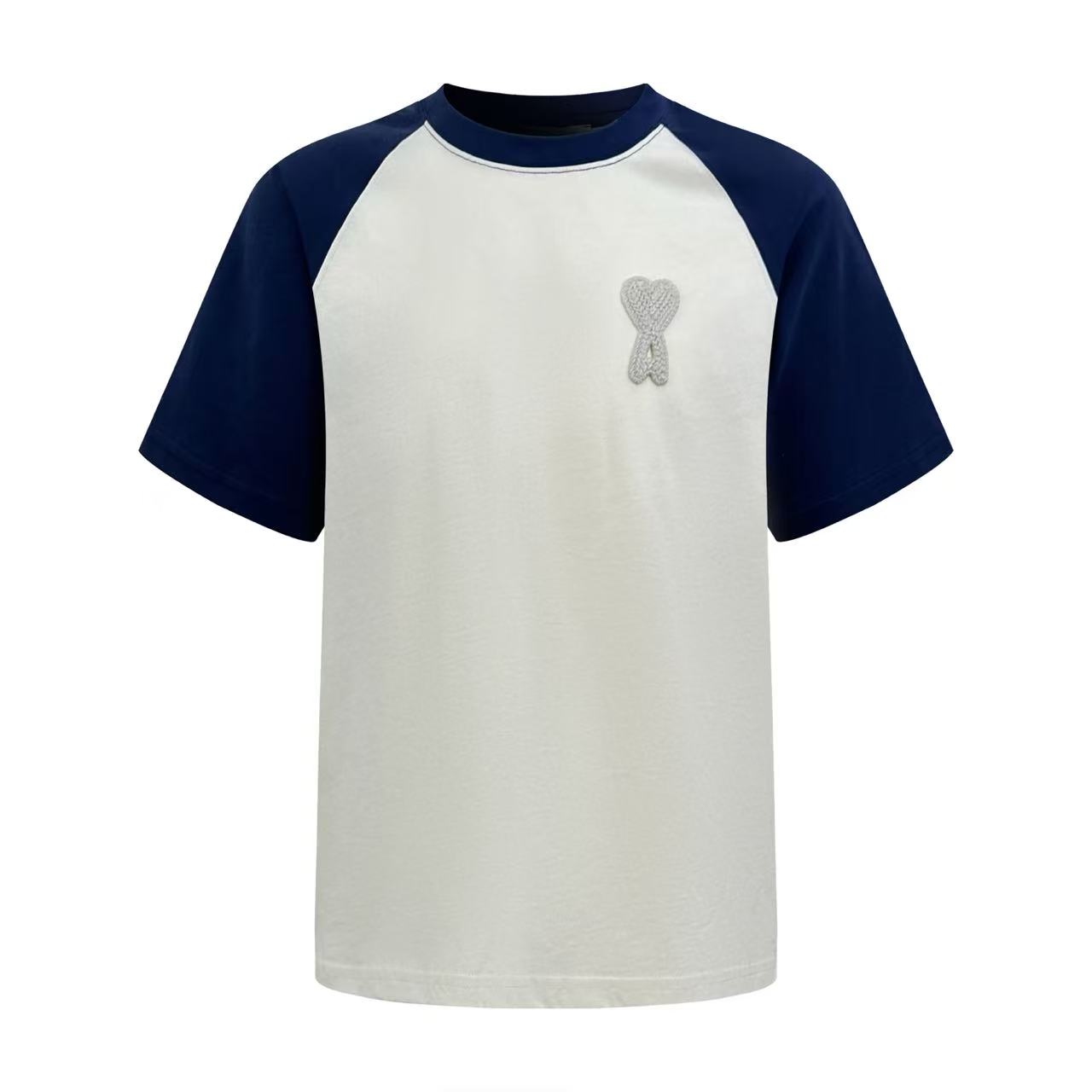 AMI Paris White And Blue Cotton Ami De Coeur Knitted Patch T-shirt - DesignerGu