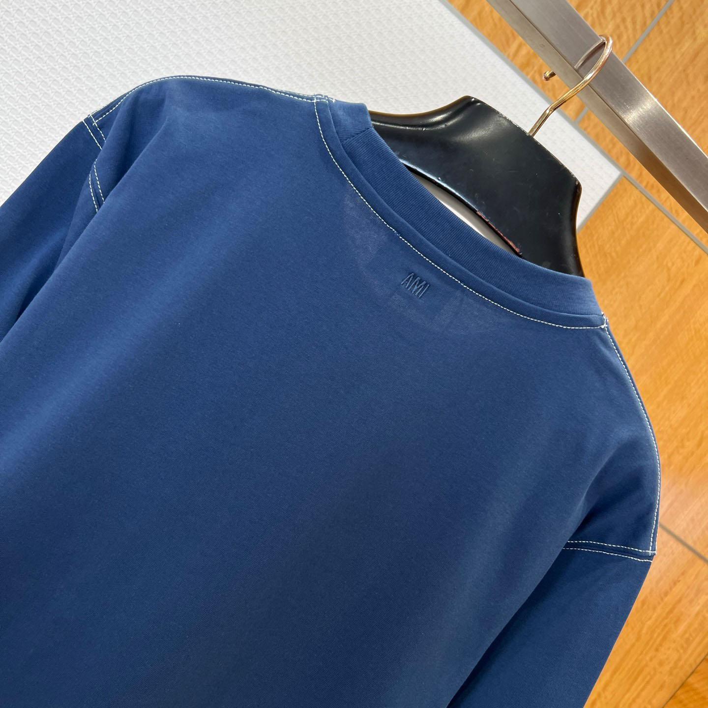 AMI Paris Blue Boxy Fit Topstitched Ami De Coeur T-shirt - DesignerGu