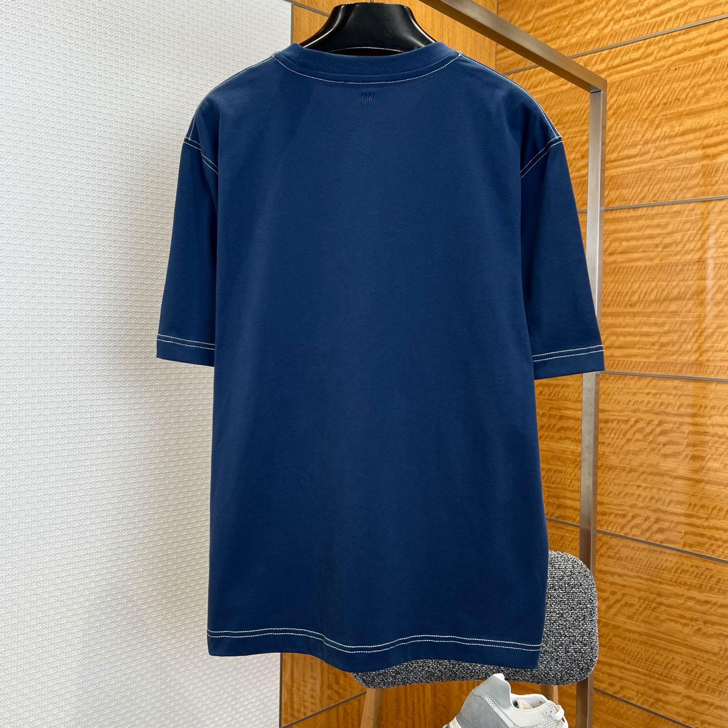 AMI Paris Blue Boxy Fit Topstitched Ami De Coeur T-shirt - DesignerGu