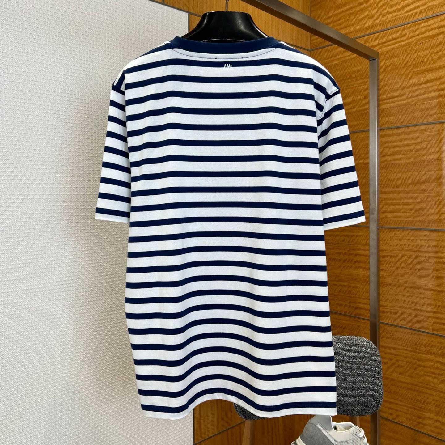 AMI Paris White & Navy Boxy Mariniere 'Ami De Coeur' T-shirt - DesignerGu