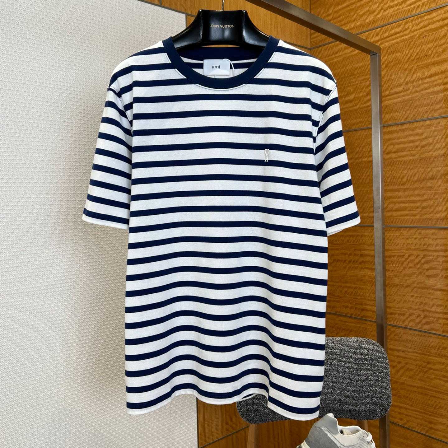 AMI Paris White & Navy Boxy Mariniere 'Ami De Coeur' T-shirt - DesignerGu