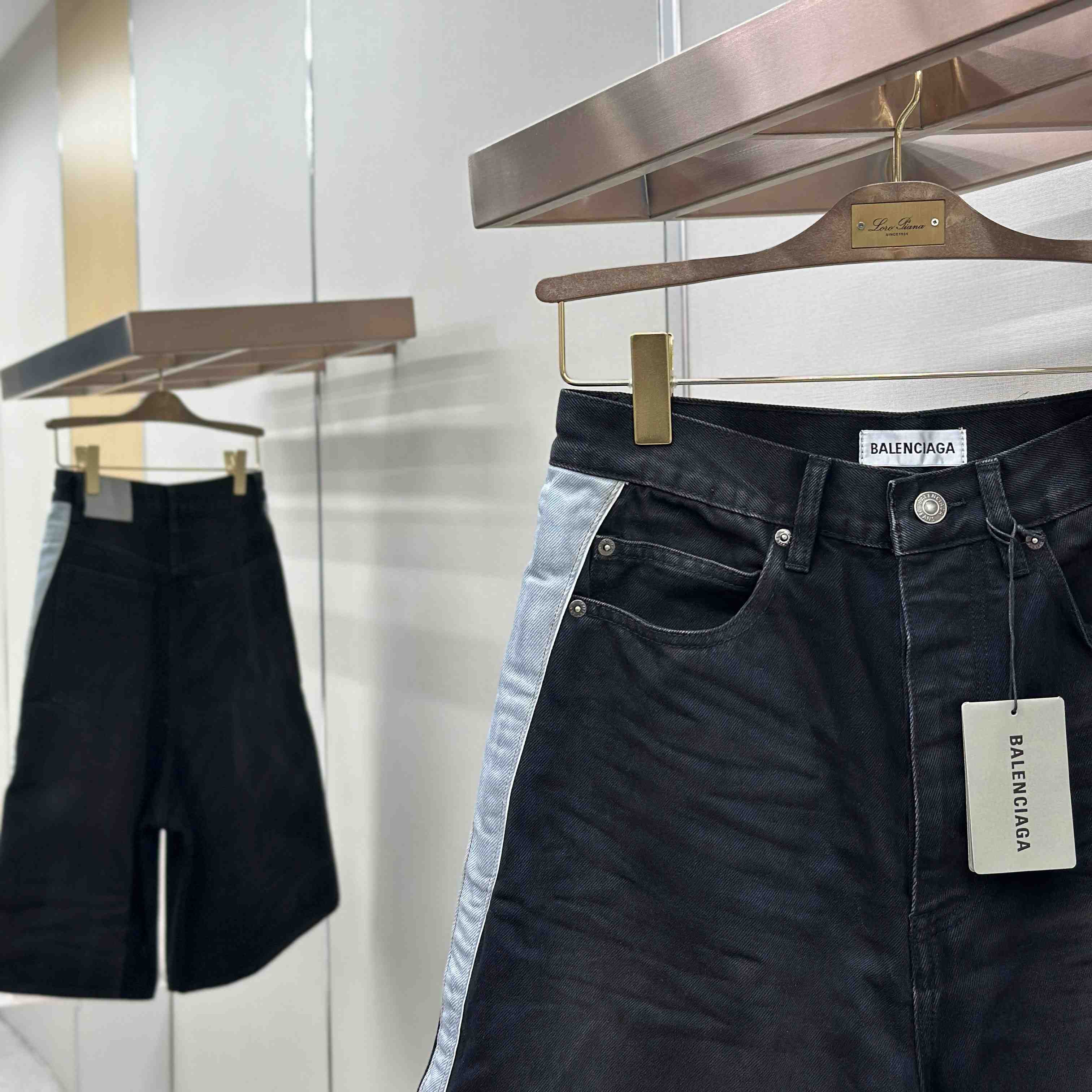 Balenciaga Piping Detail Denim Shorts In Black/Dark Brown - DesignerGu