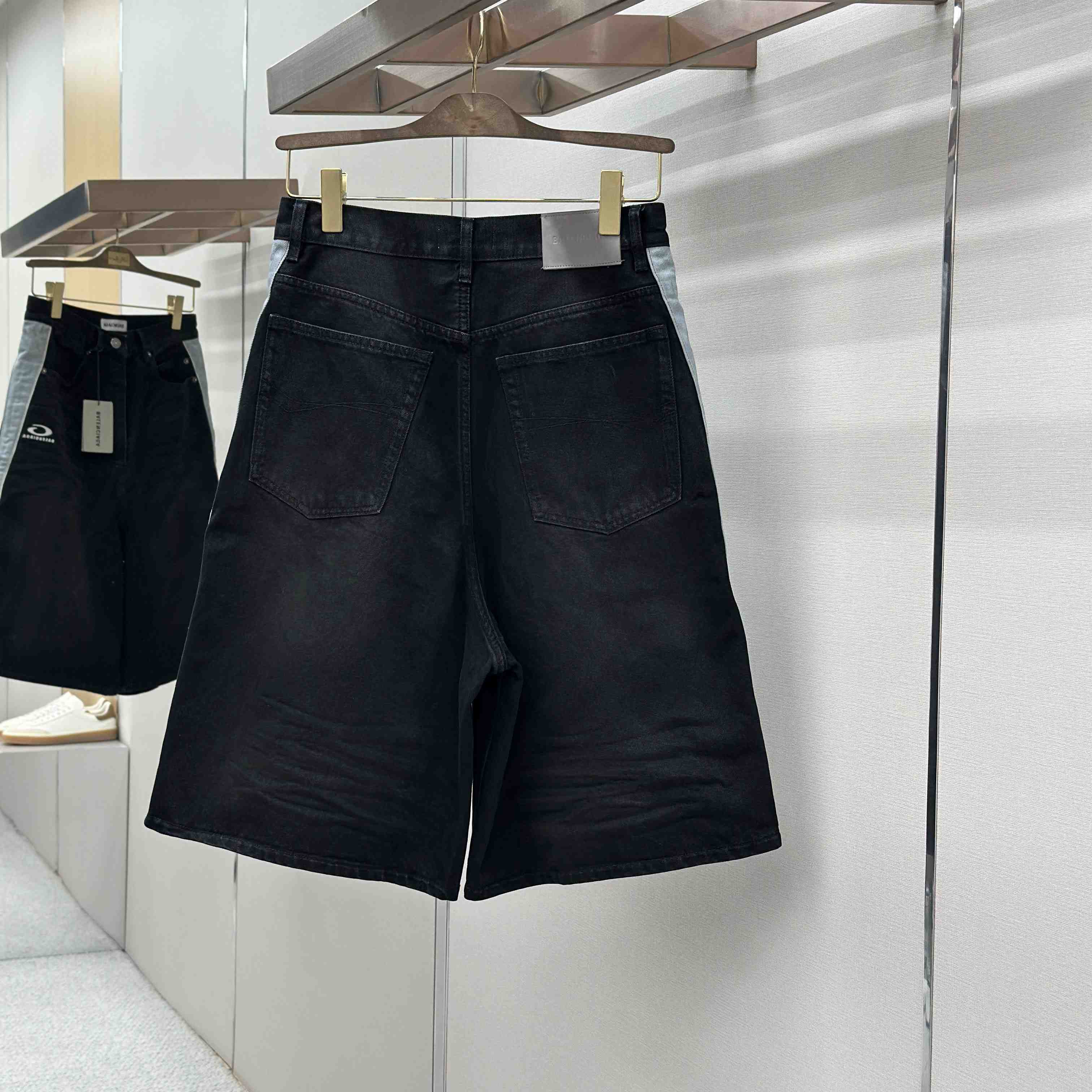 Balenciaga Piping Detail Denim Shorts In Black/Dark Brown - DesignerGu