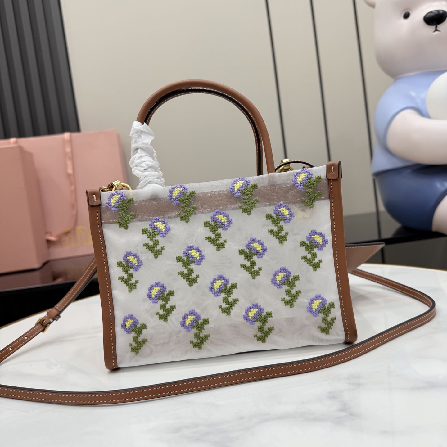 Miu Miu Embroidered Mesh Top-Handle Bag - DesignerGu