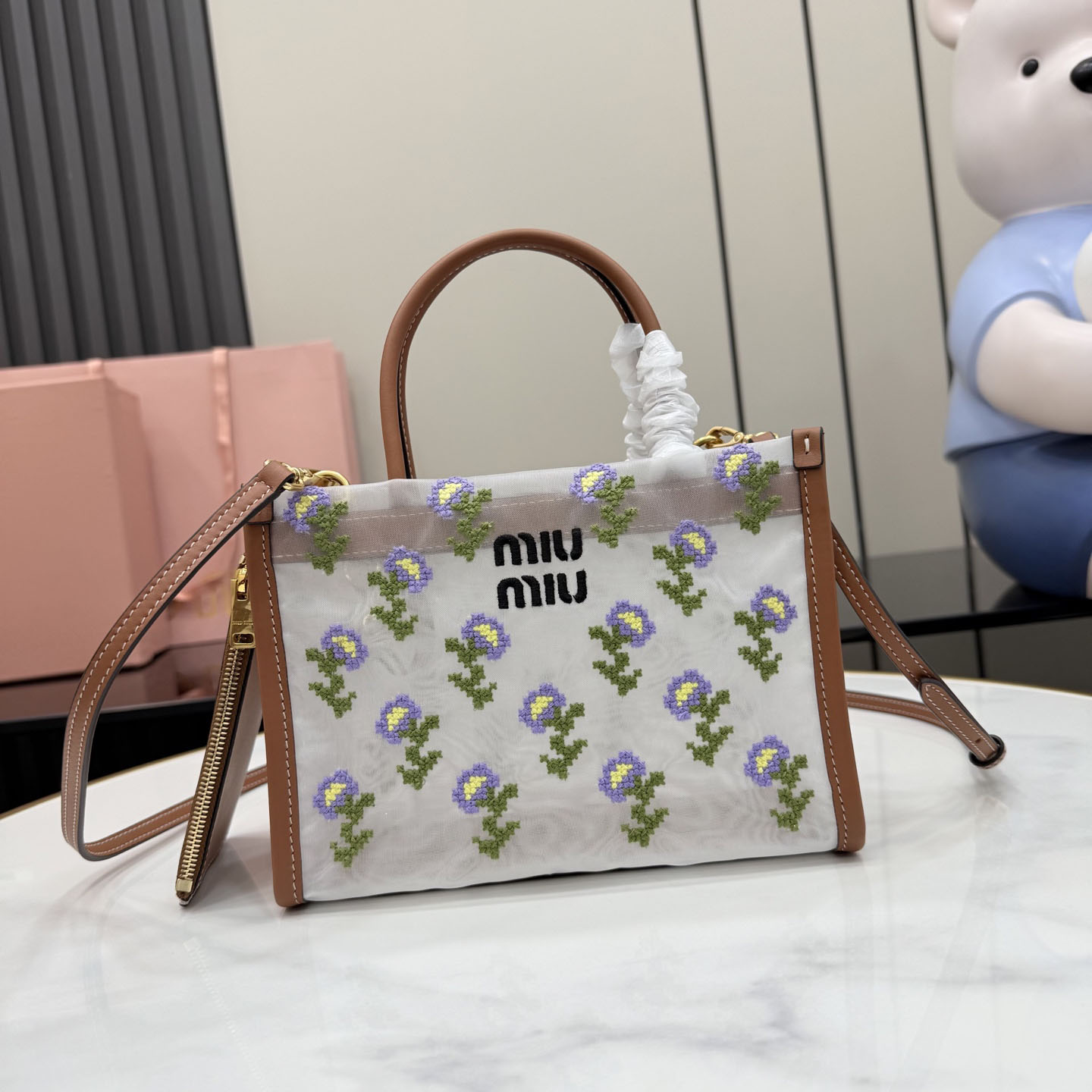 Miu Miu Embroidered Mesh Top-Handle Bag - DesignerGu