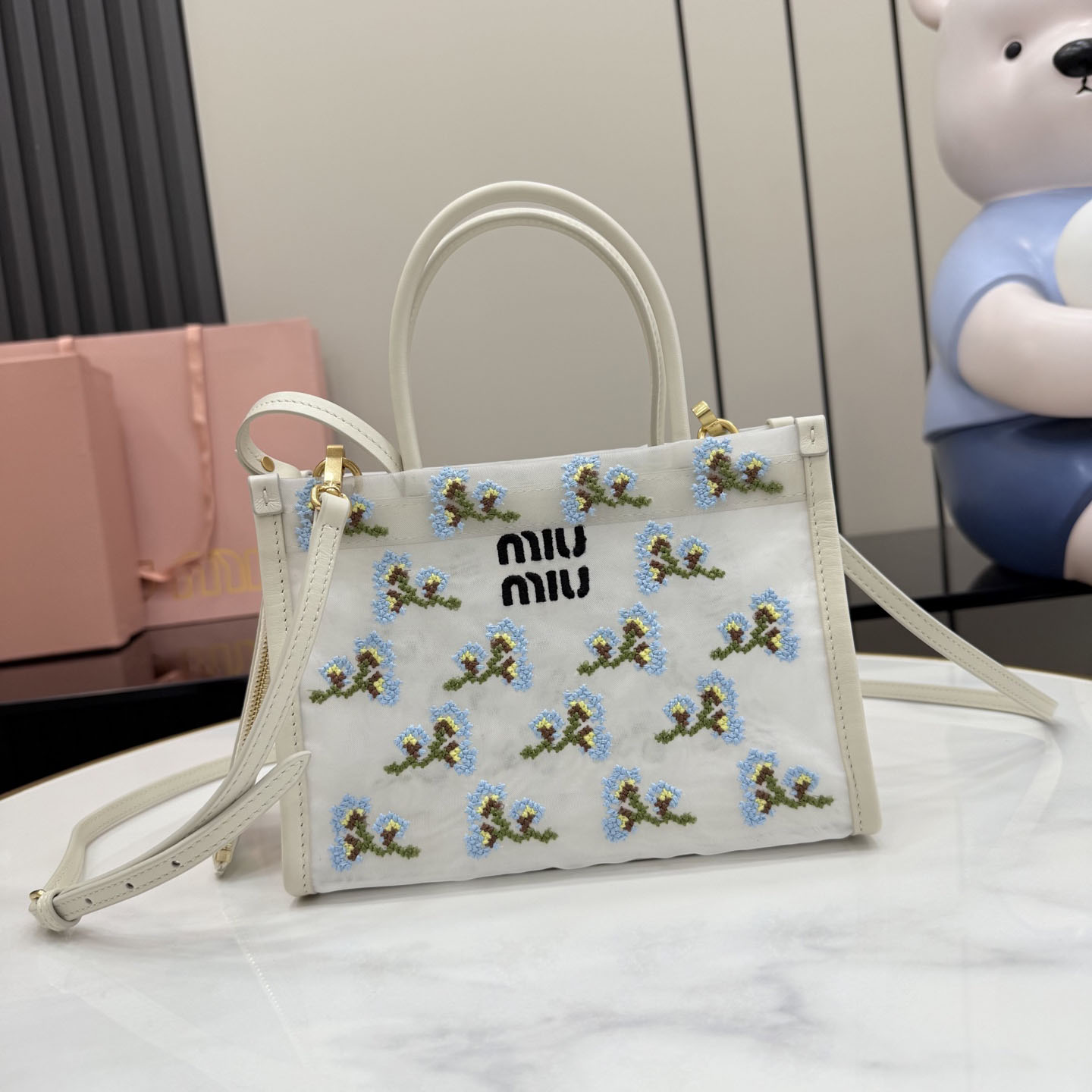 Miu Miu Embroidered Mesh Top-Handle Bag - DesignerGu