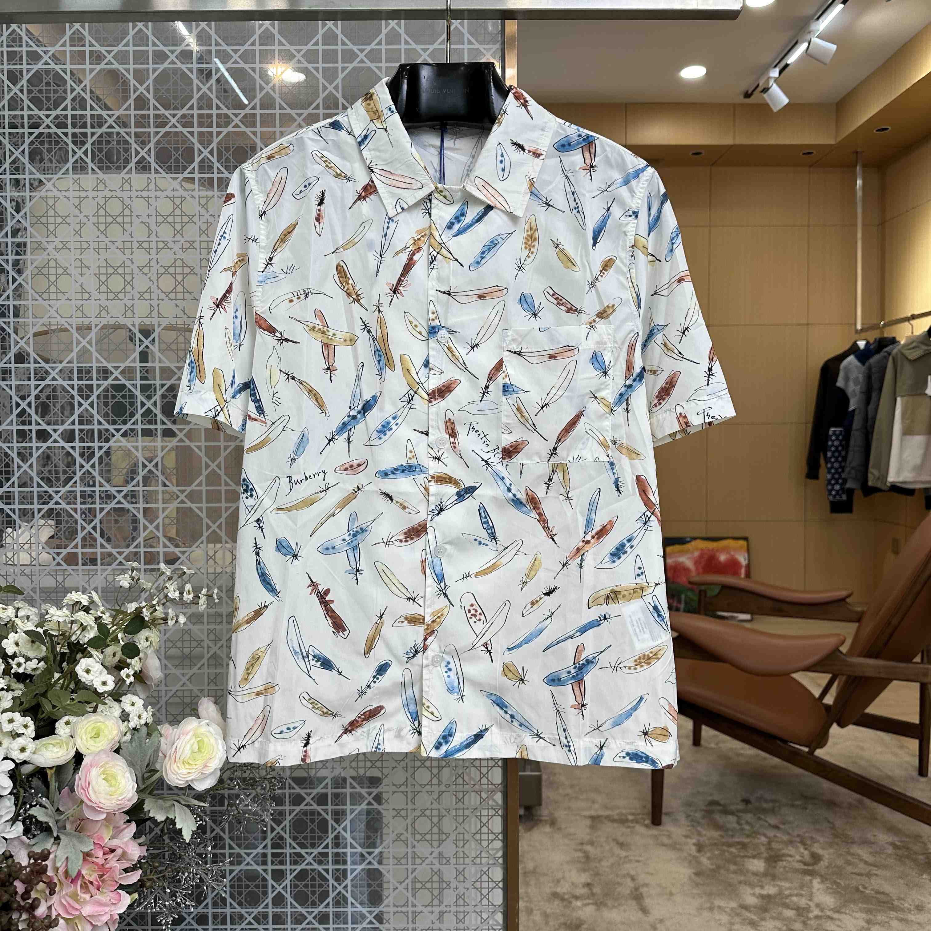 Burberry Relaxed Fit Feather Print Cotton Shirt - DesignerGu