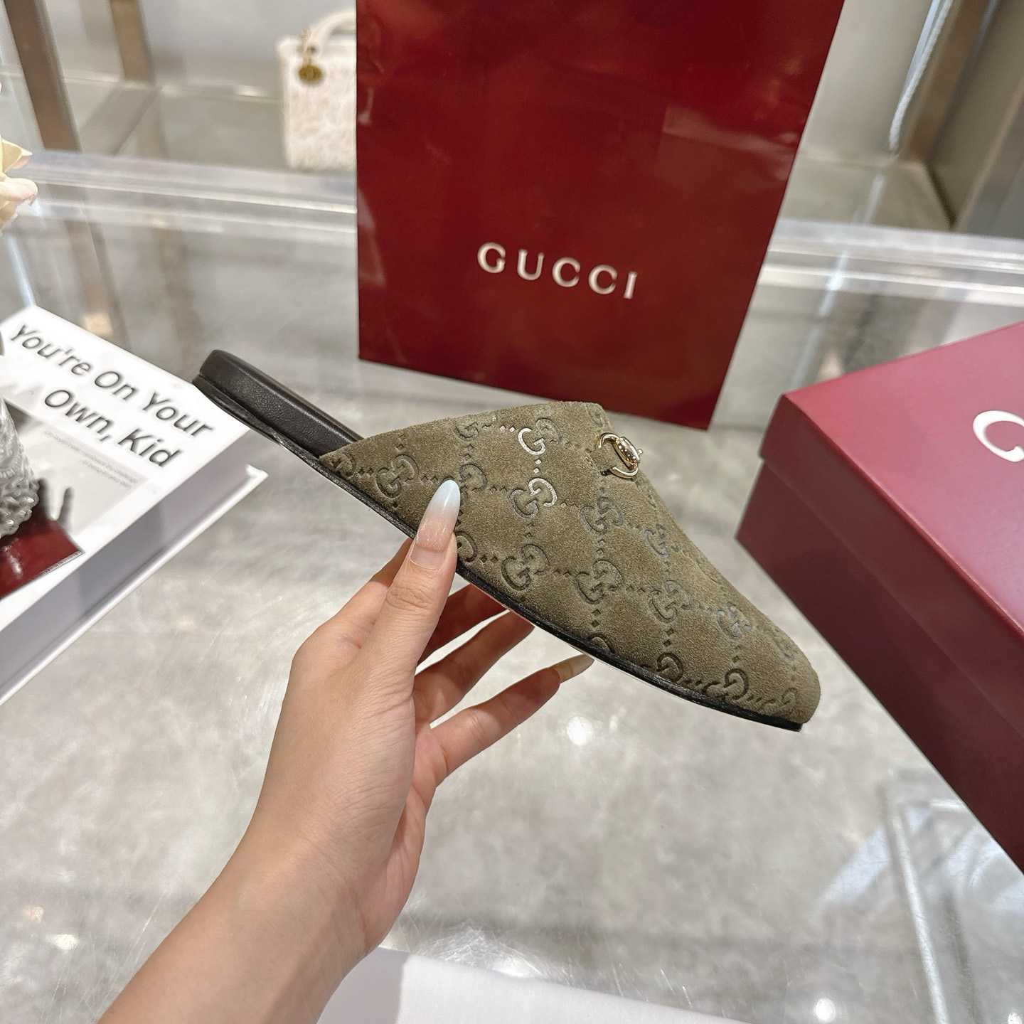 Gucci   Lucy Logo Suede Mule Loafers - DesignerGu
