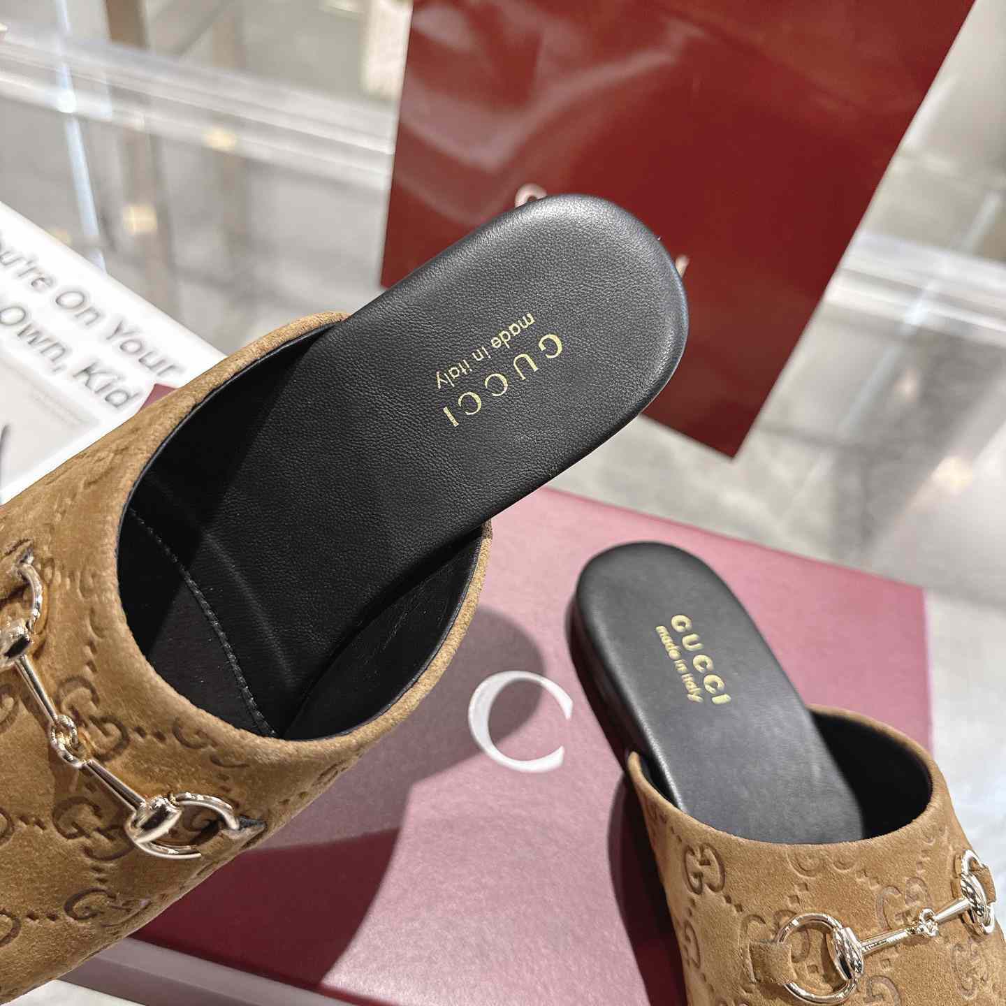 Gucci   Lucy Logo Suede Mule Loafers - DesignerGu