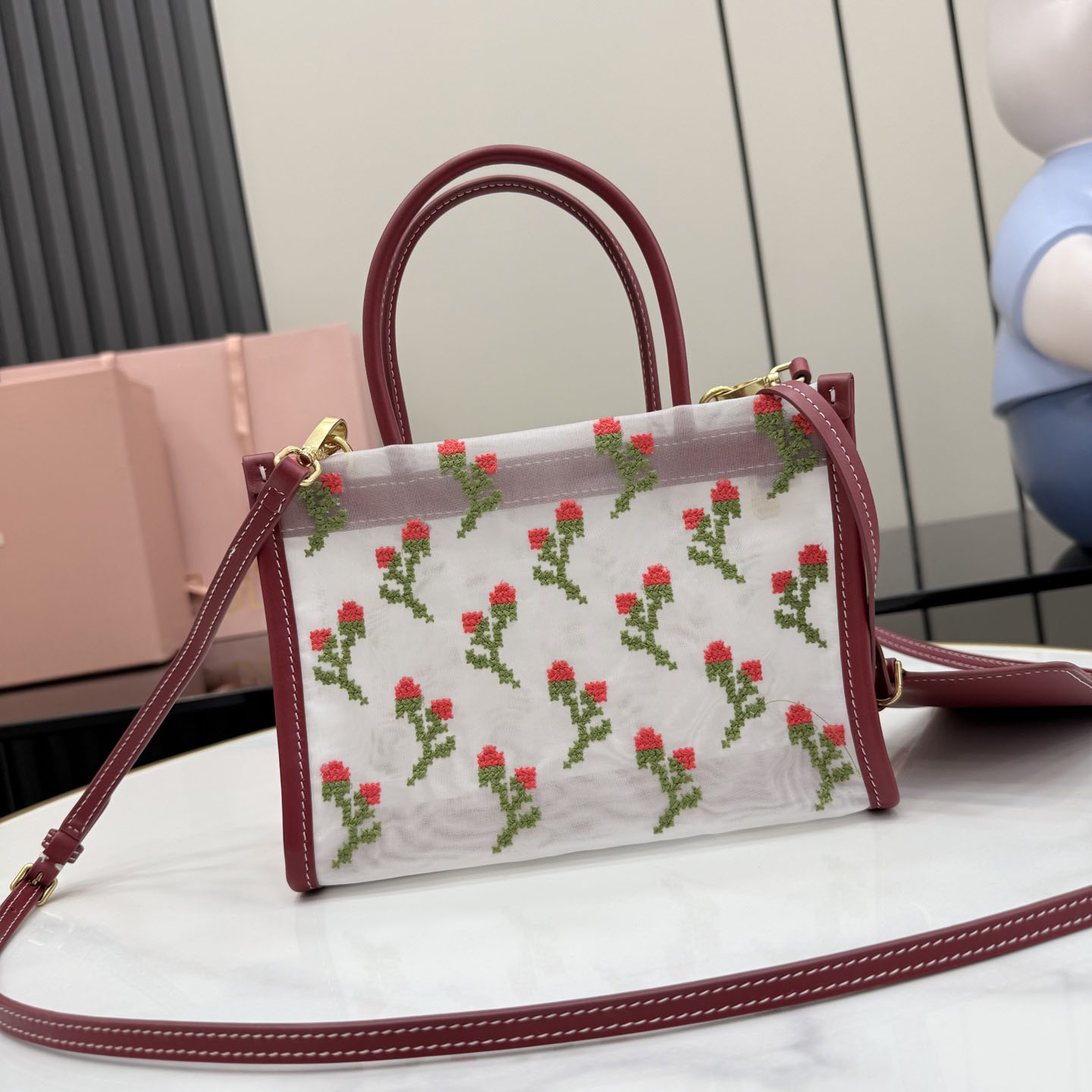 Miu Miu Embroidered Mesh Top-Handle Bag - DesignerGu