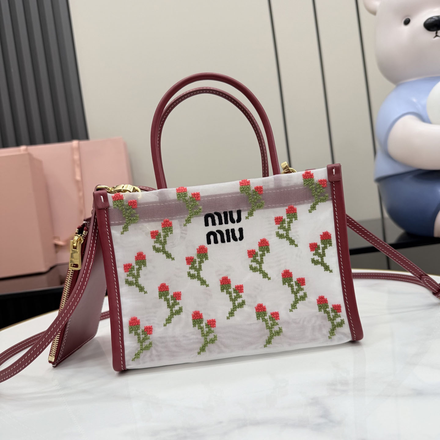 Miu Miu Embroidered Mesh Top-Handle Bag - DesignerGu