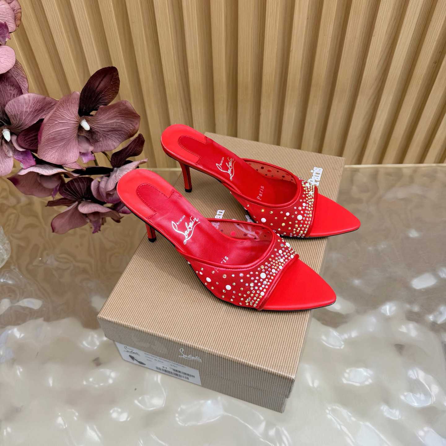 Christian Louboutin Miss Z Degrasstrass Perla Mesh and Leather 80MM Mule Sandals - DesignerGu