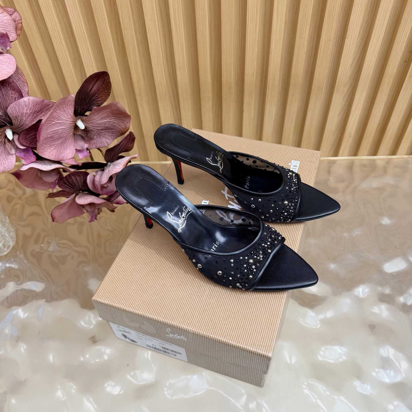 Christian Louboutin Miss Z Degrasstrass Perla Mesh and Leather 80MM Mule Sandals - DesignerGu