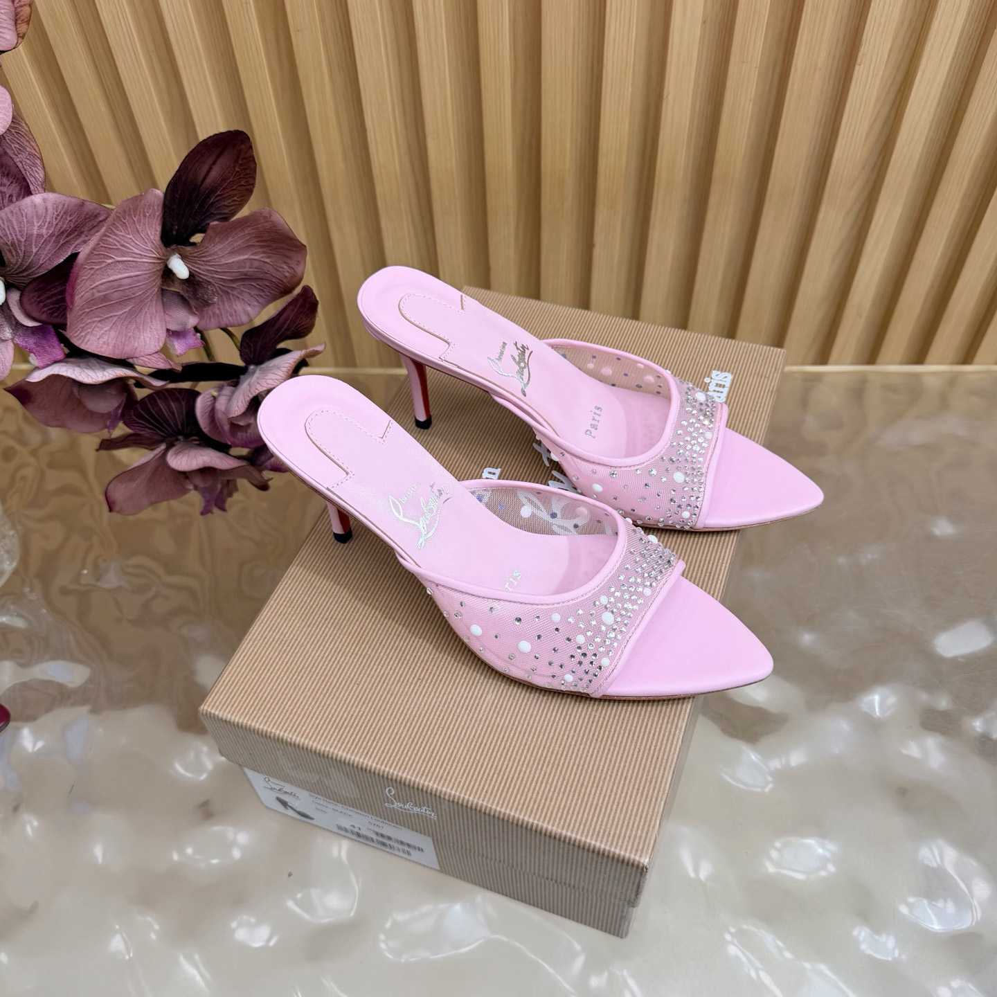 Christian Louboutin Miss Z Degrasstrass Perla Mesh and Leather 80MM Mule Sandals - DesignerGu