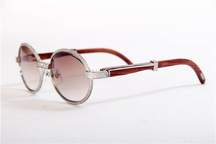 Cartier 7550178 57-22 Full Diamond Wood Sunglasses In Silver Brown - DesignerGu