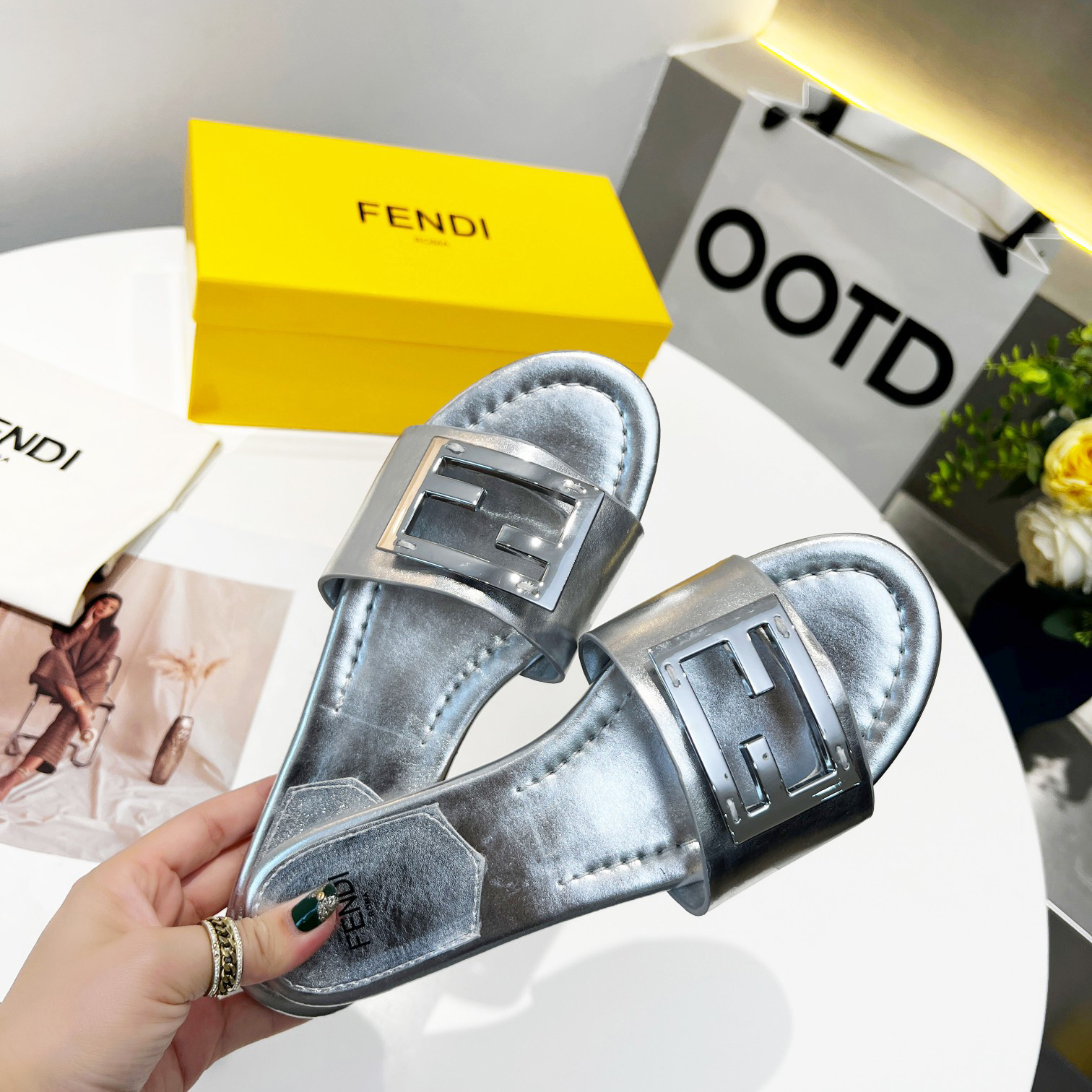 Fendi Baguette Silver Nappa Leather Slides - 