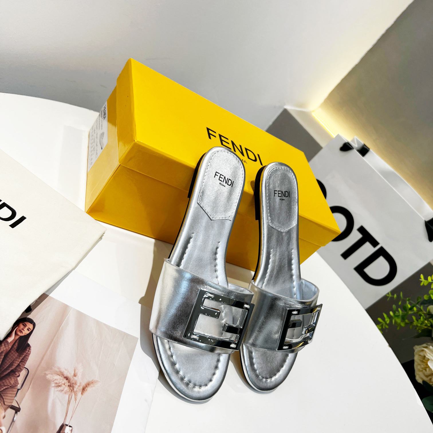 Fendi Baguette Silver Nappa Leather Slides - 