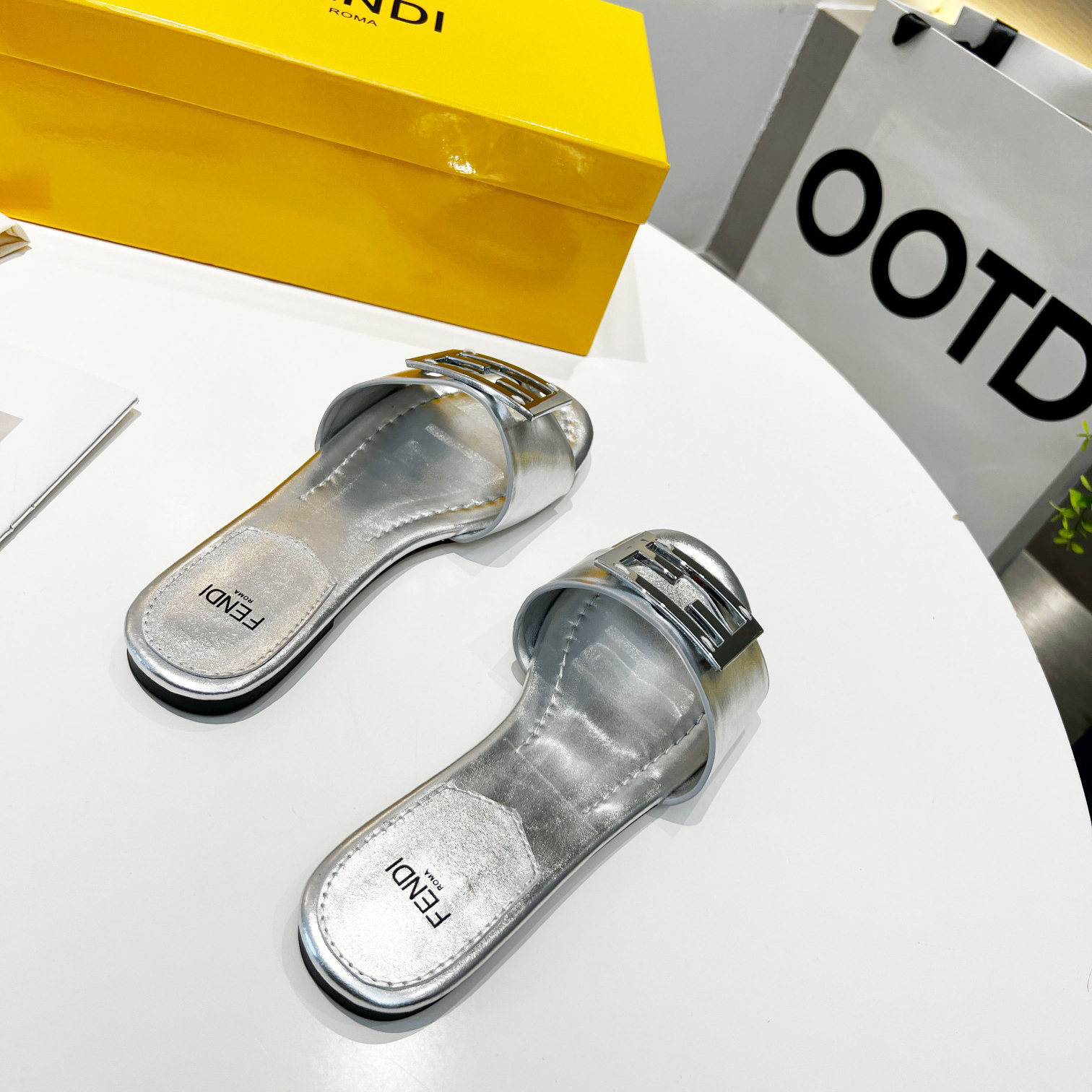 Fendi Baguette Silver Nappa Leather Slides - 