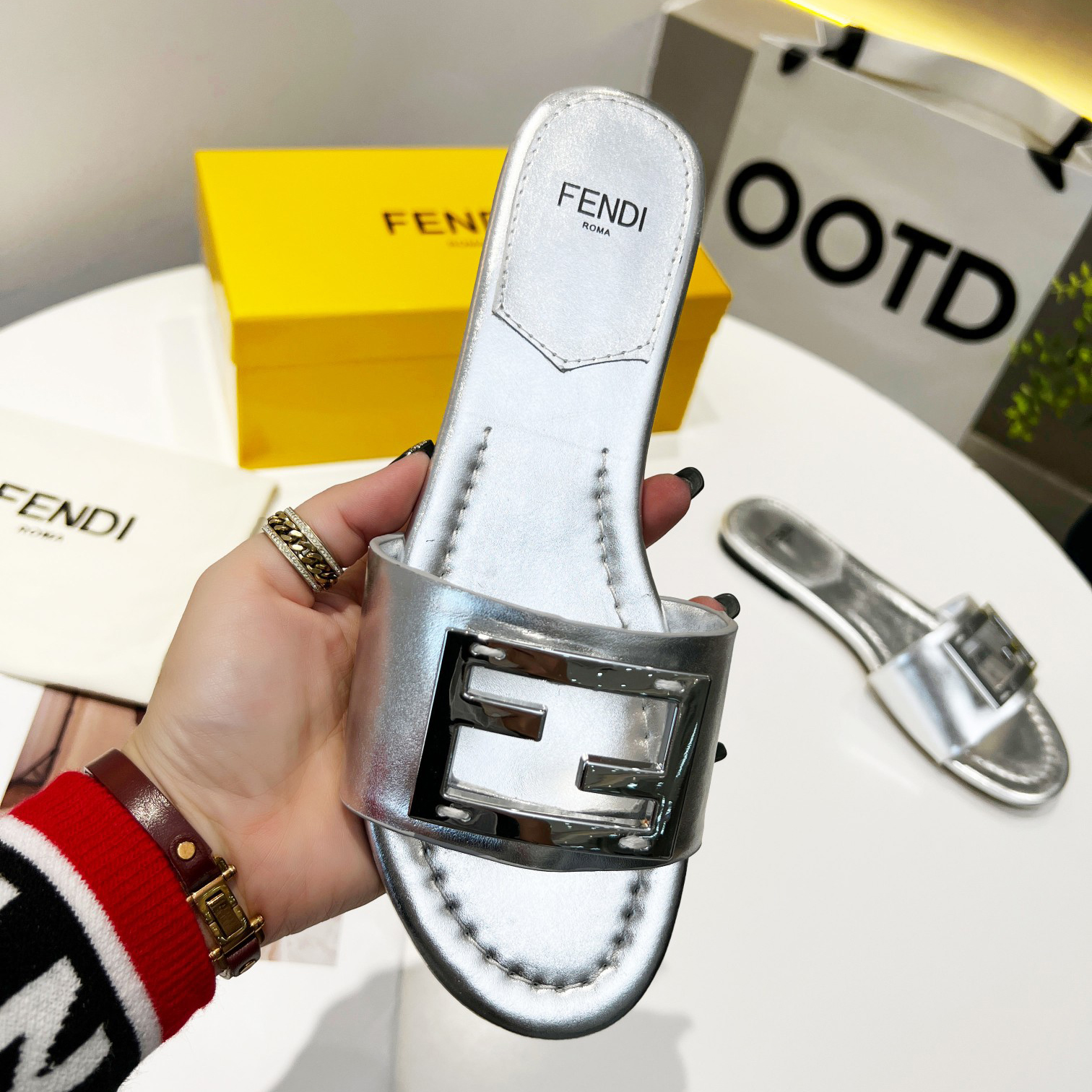 Fendi Baguette Silver Nappa Leather Slides - 