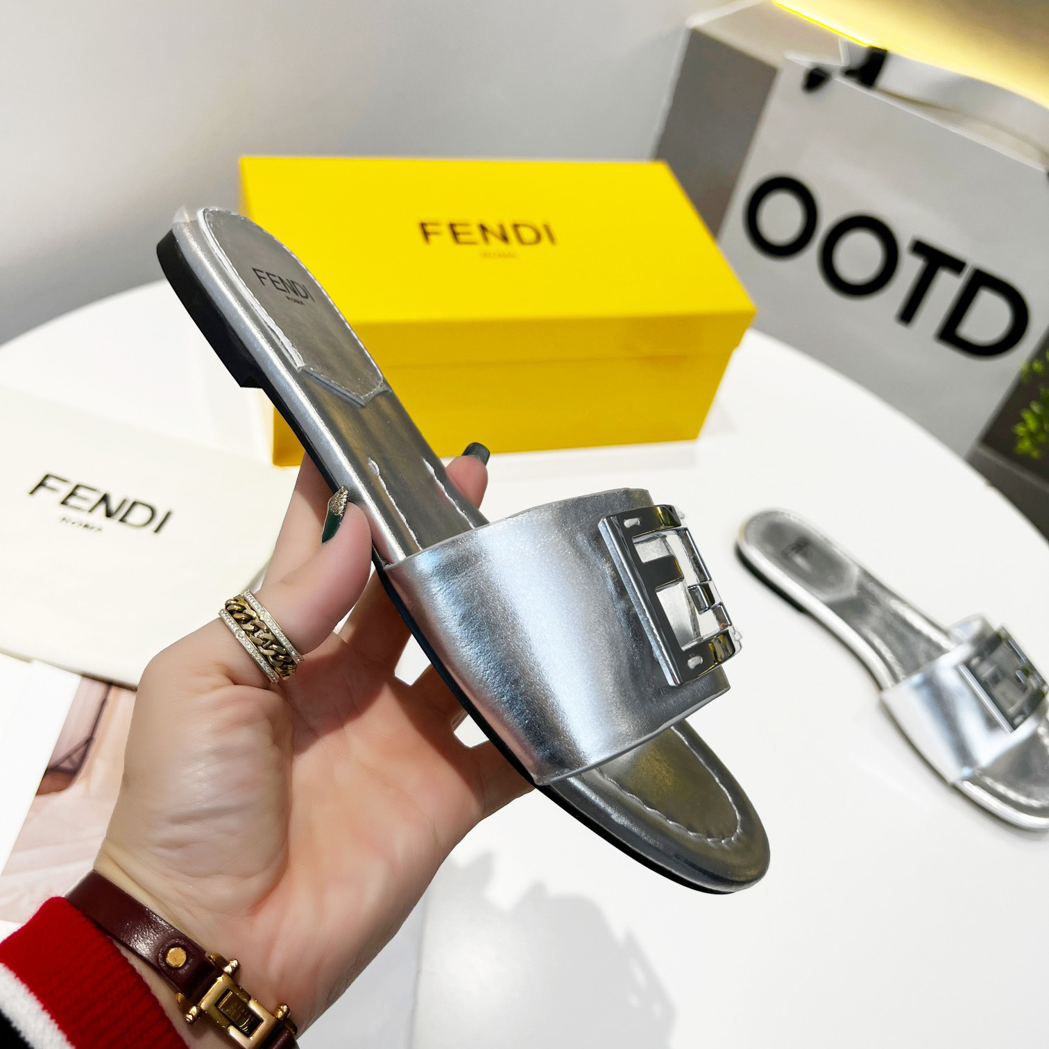 Fendi Baguette Silver Nappa Leather Slides - 
