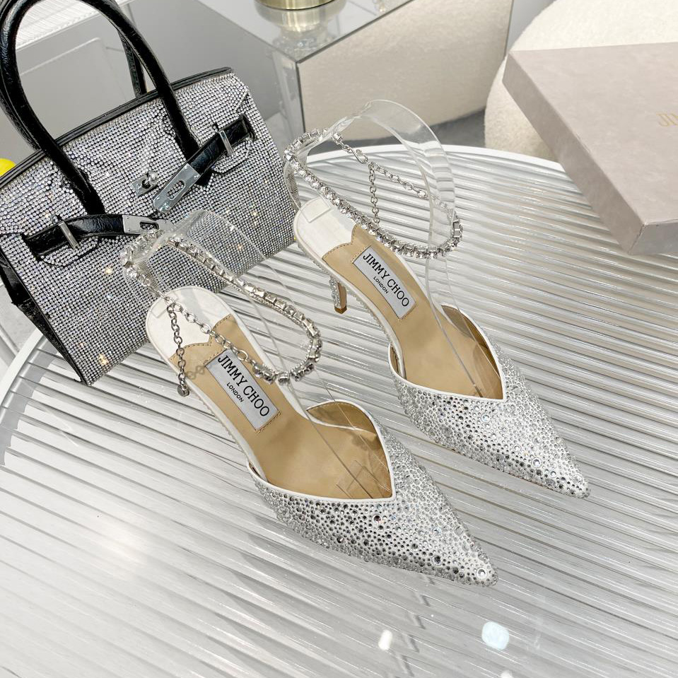 Jimmy Choo Saeda 100 Lvory Satin Pumps With Crystal Embellishment - 