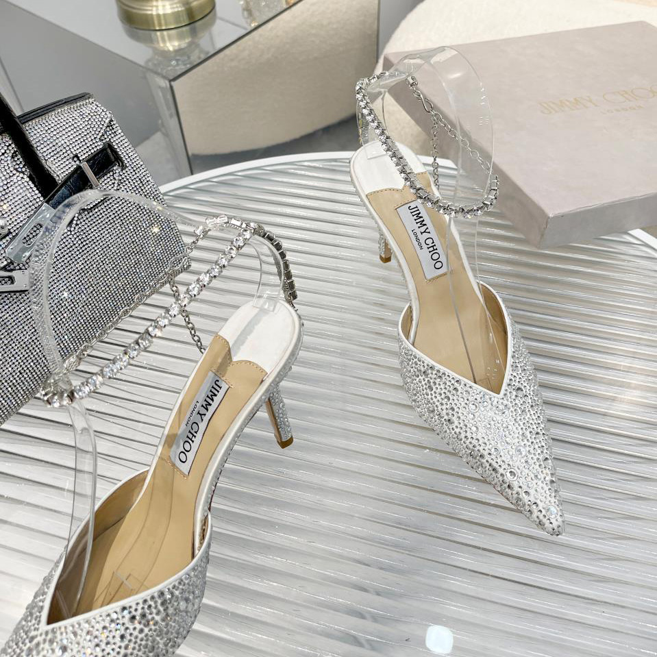 Jimmy Choo Saeda 100 Lvory Satin Pumps With Crystal Embellishment - 