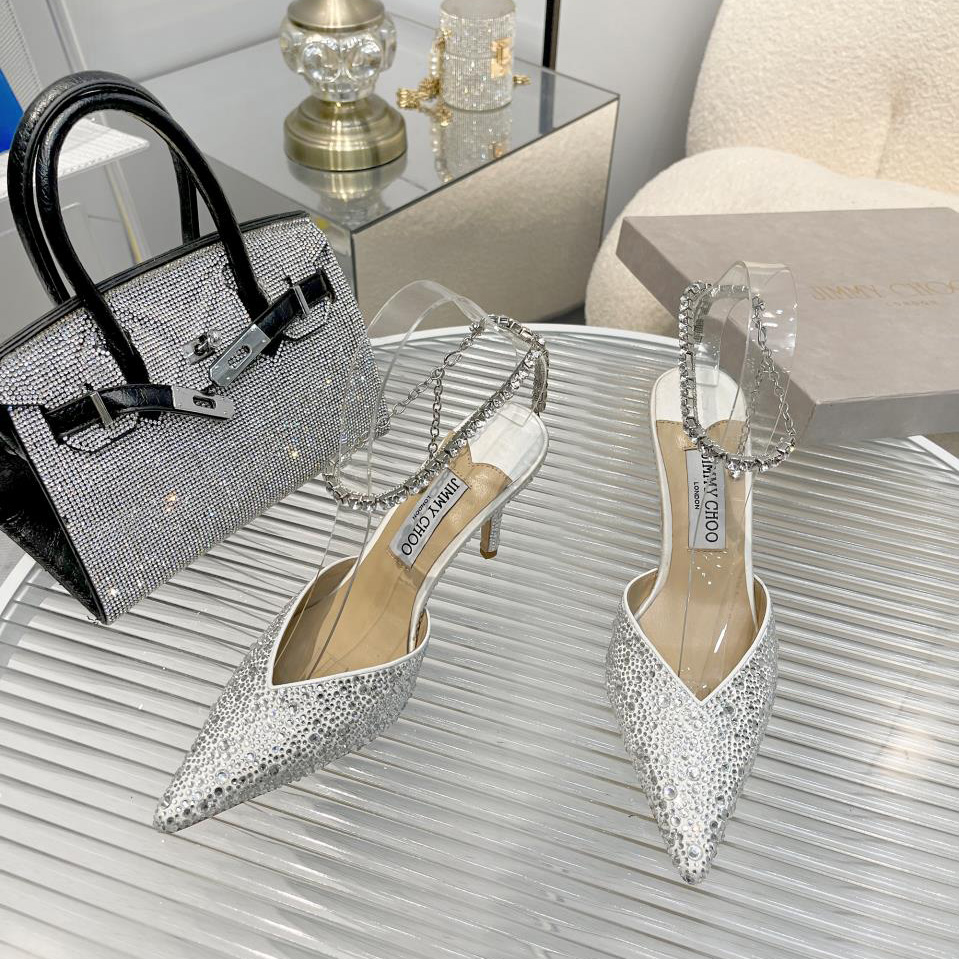 Jimmy Choo Saeda 100 Lvory Satin Pumps With Crystal Embellishment - 