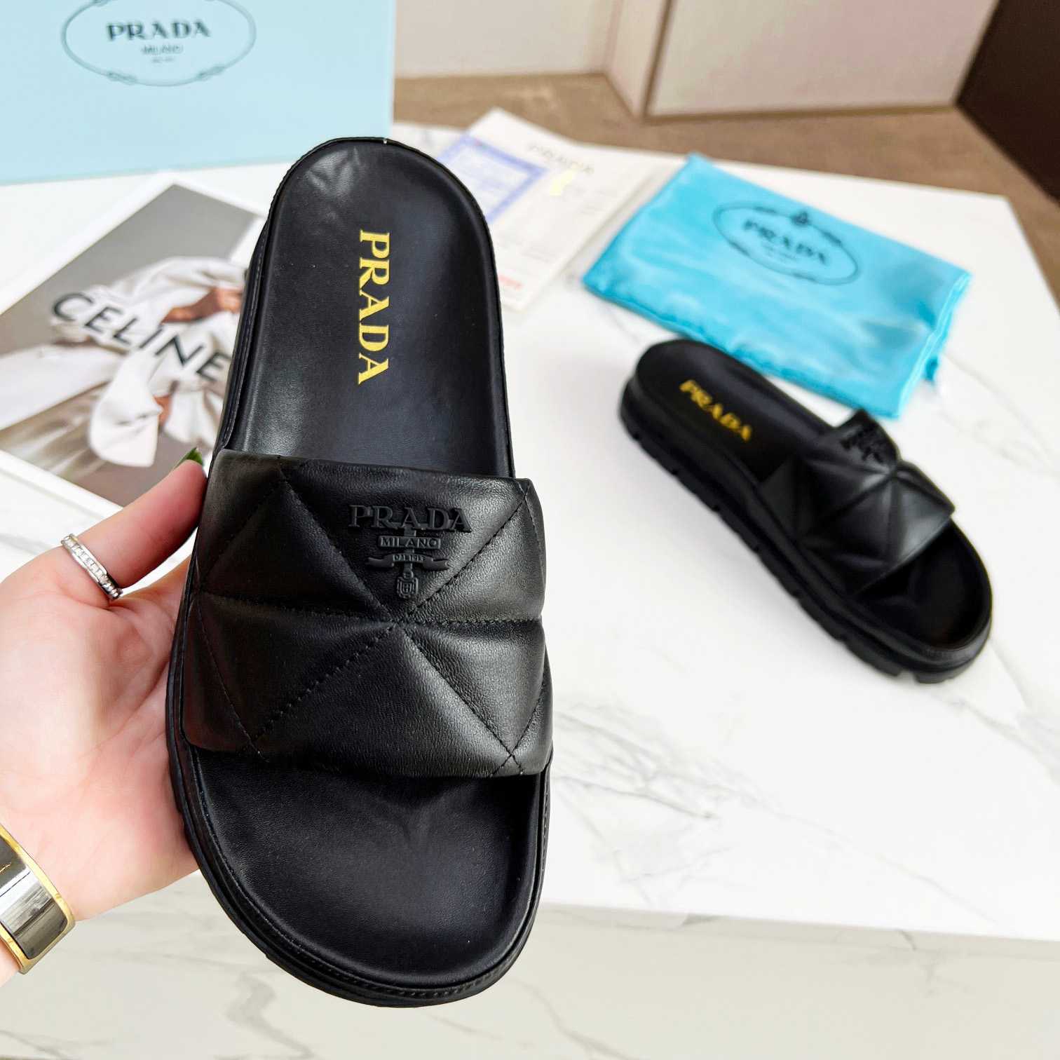 Prada Quilted Nappa Leather Slides - DesignerGu
