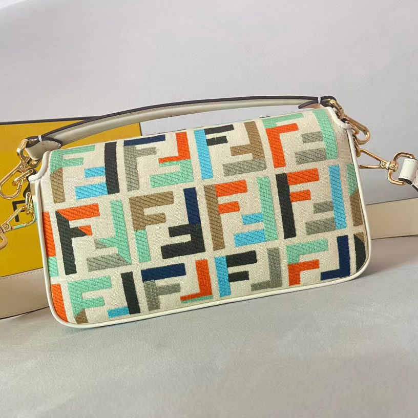 Fendi Baguette Multicolor Canvas Bag With FF Embroidery - DesignerGu