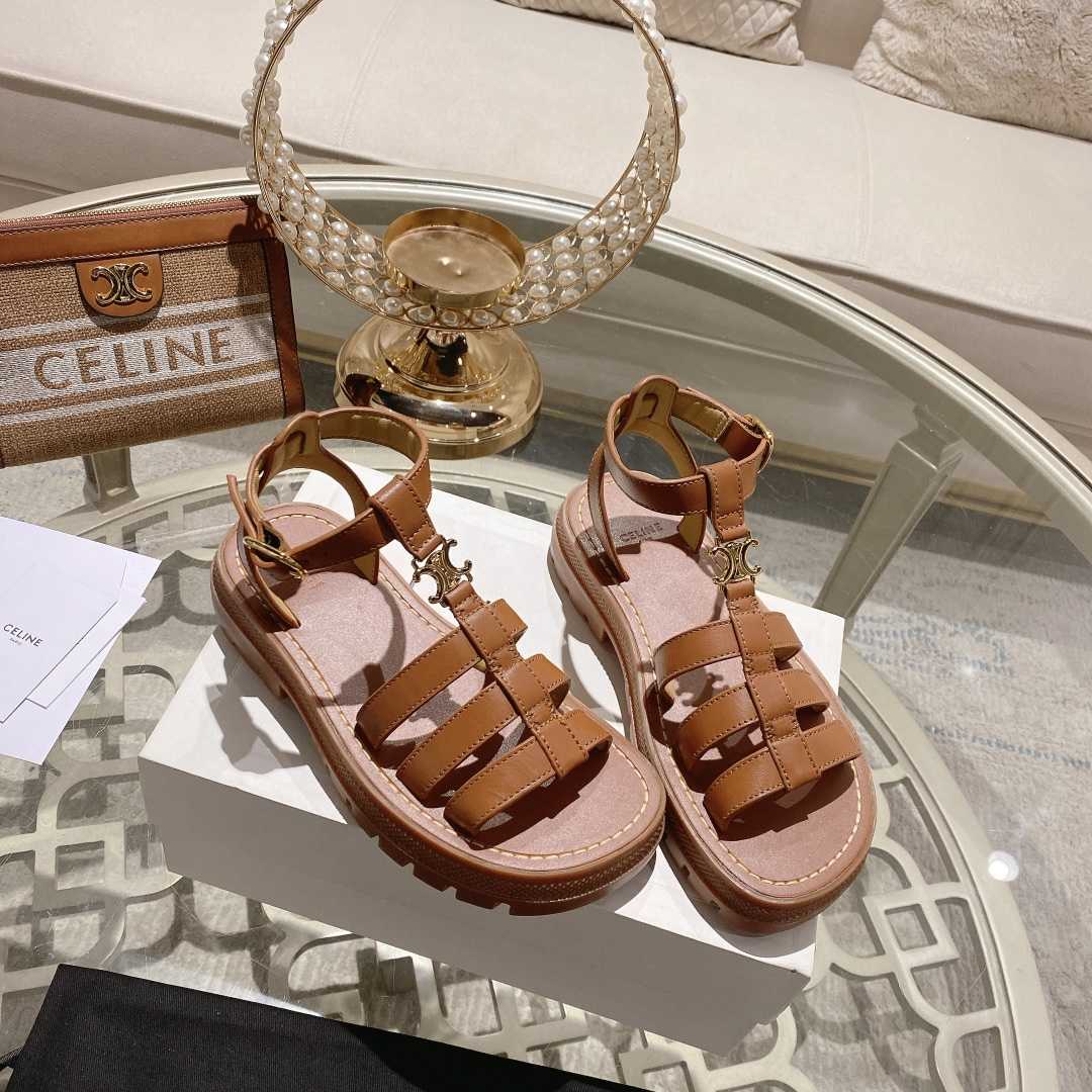 Celine Clea Triomphe Gladiator Sandal In Calfskin - Vegetal Tanning Tan - DesignerGu