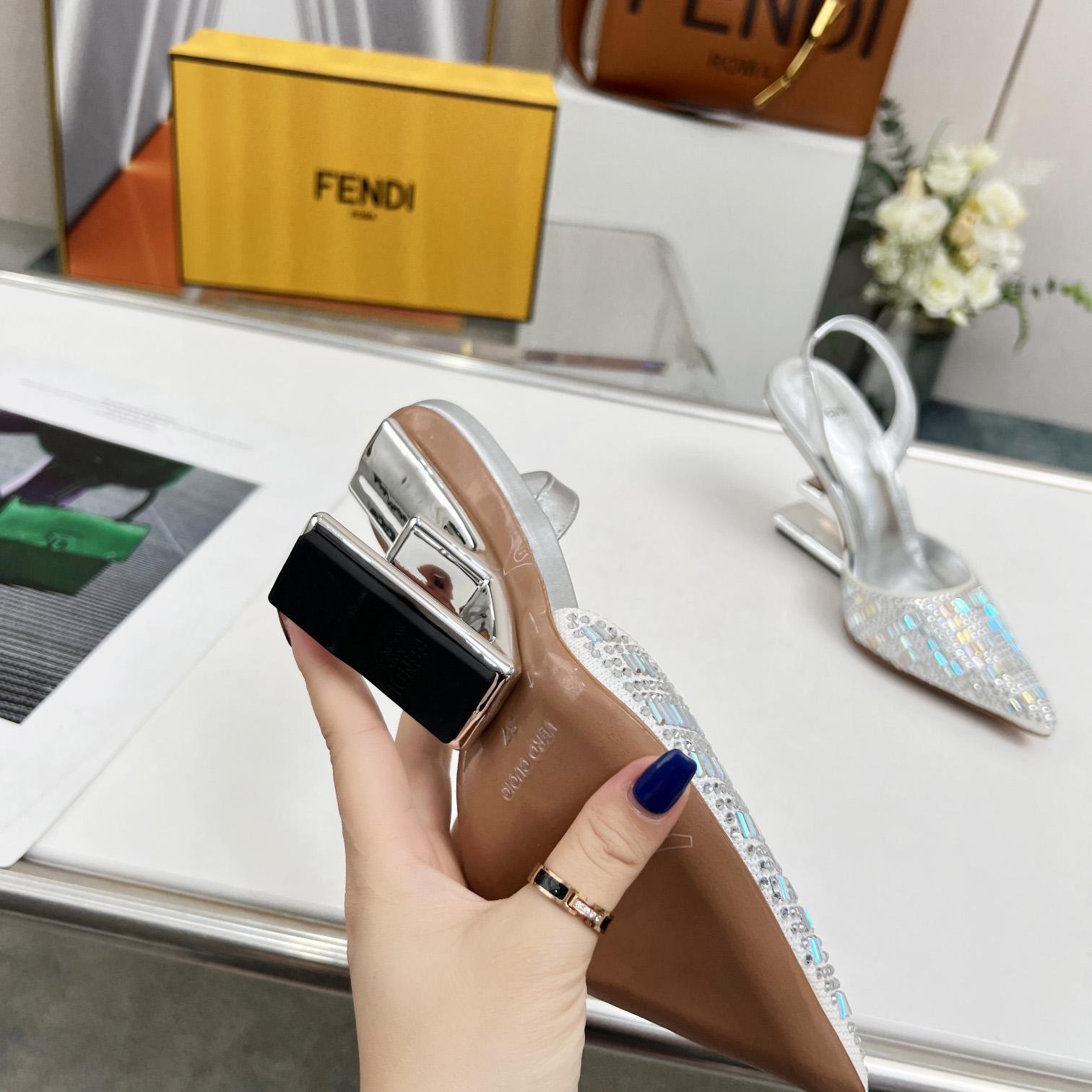 Fendi First Silver-colored Rhinestone High-heeled Slingbacks - DesignerGu