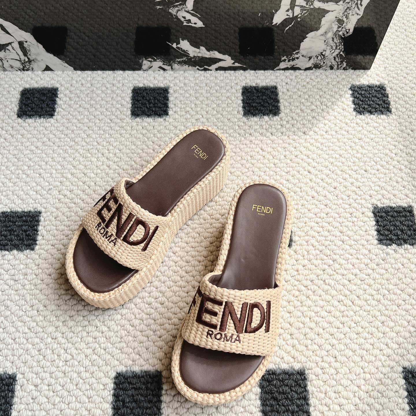 Fendi Sunshine Beige Cotton Fiber Flatform Slides - 