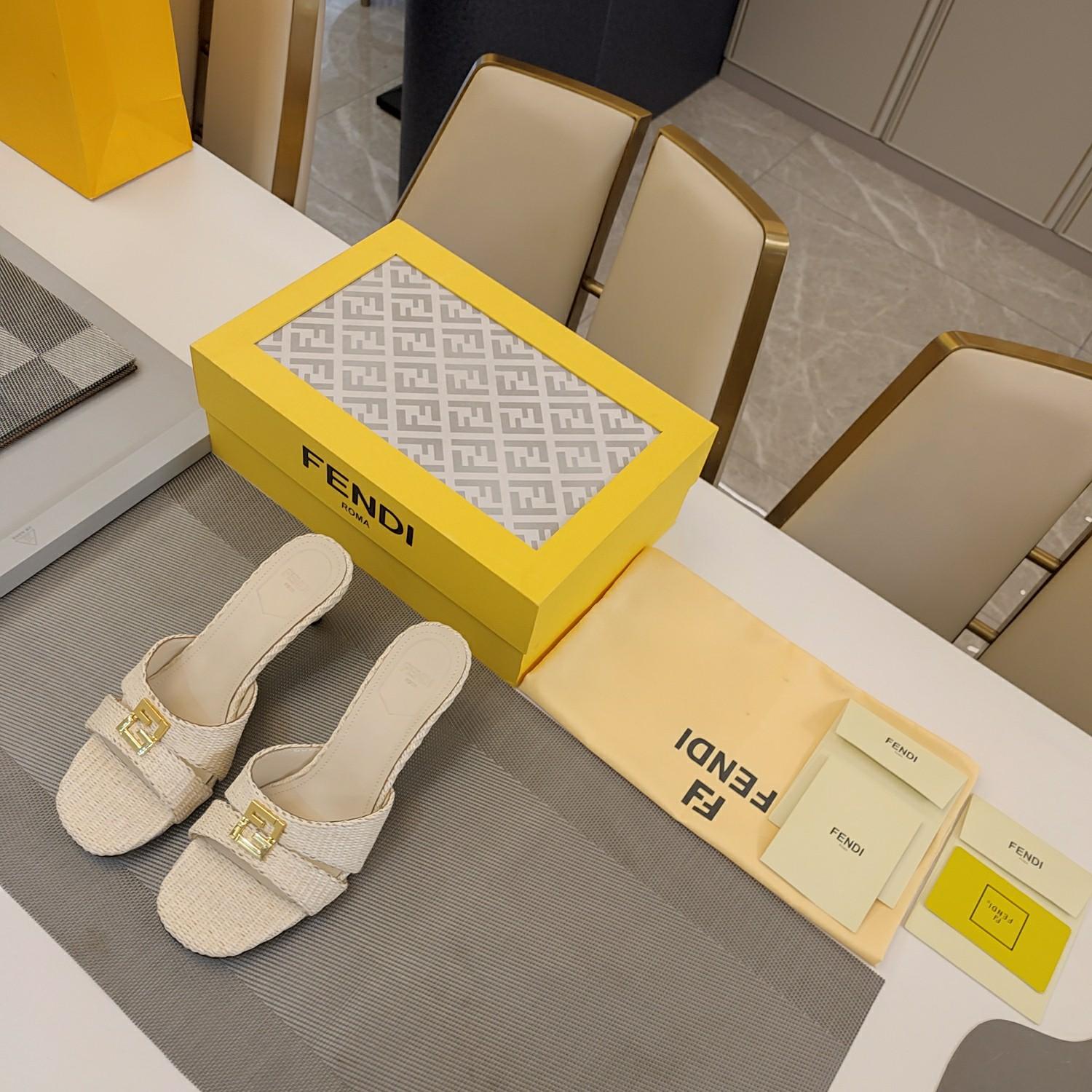 Fendi FFold Beige Cotton Fibre Medium-heel Sandals - 