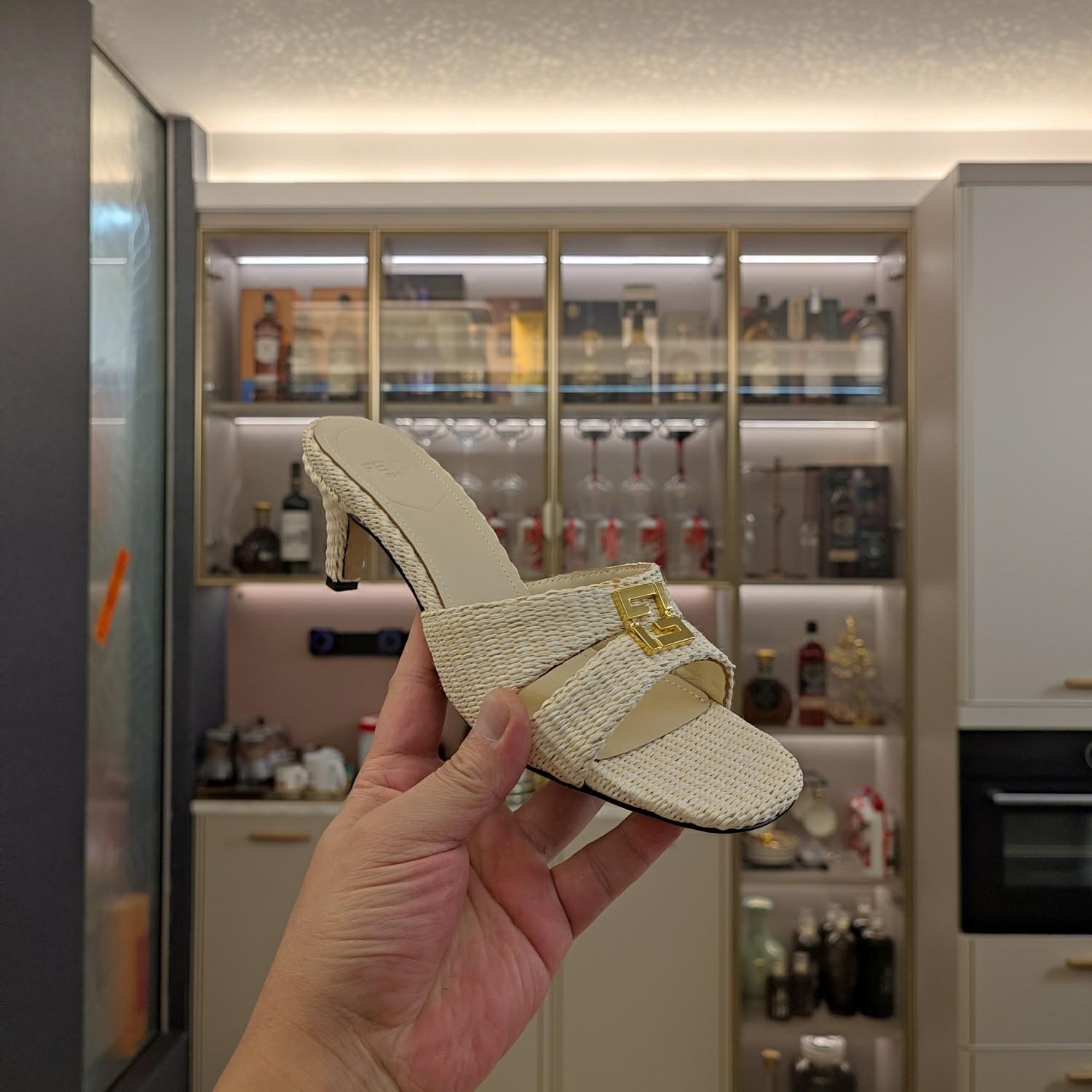 Fendi FFold Beige Cotton Fibre Medium-heel Sandals - 