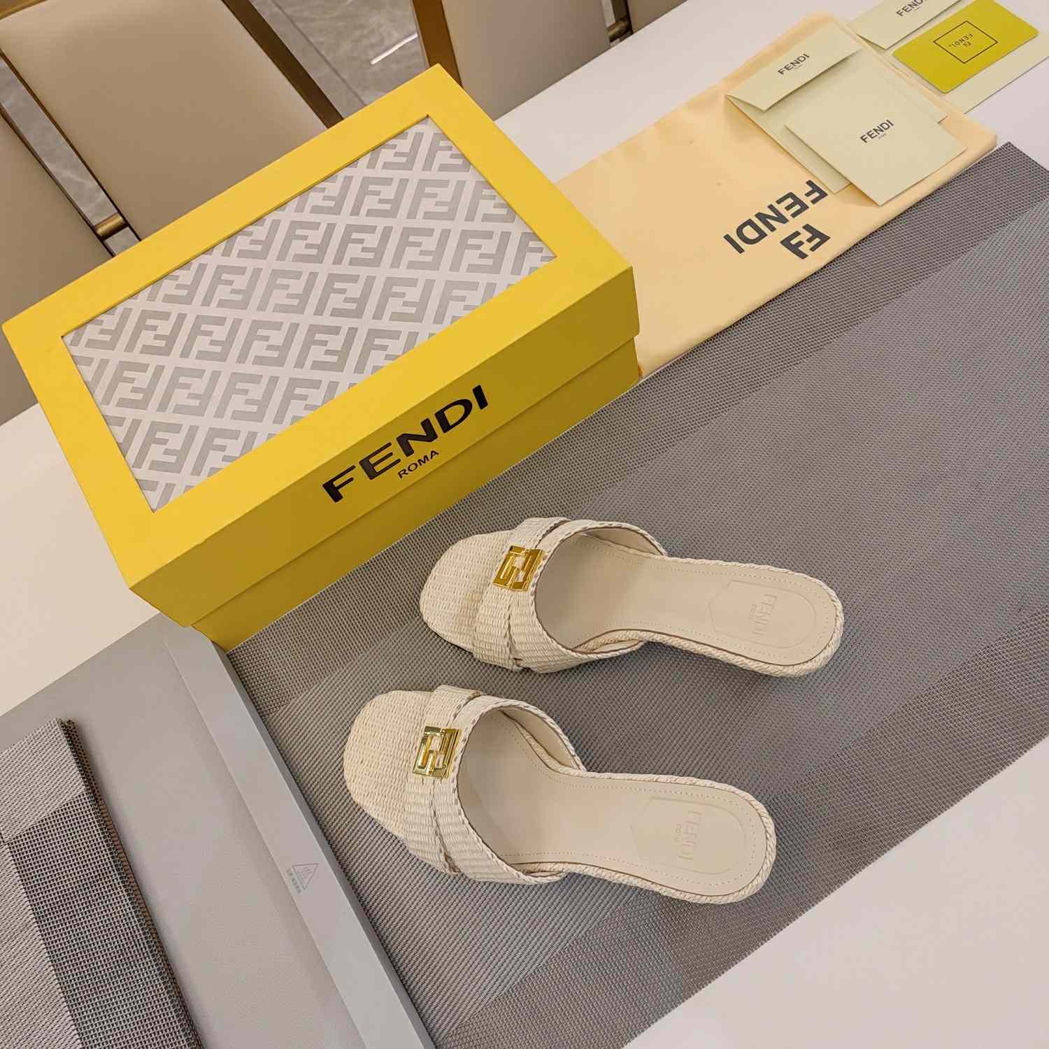 Fendi FFold Beige Cotton Fibre Medium-heel Sandals - 