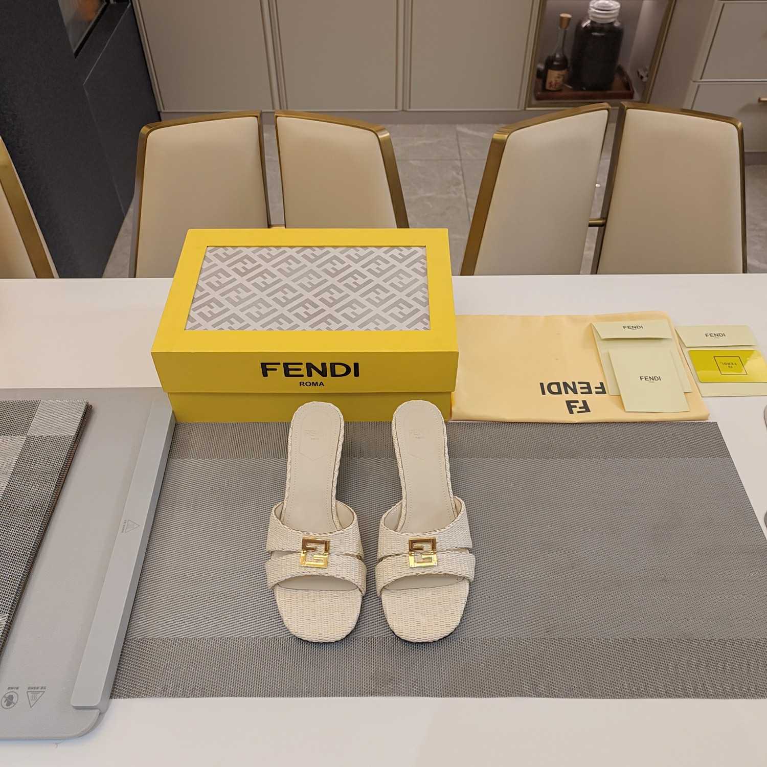 Fendi FFold Beige Cotton Fibre Medium-heel Sandals - 