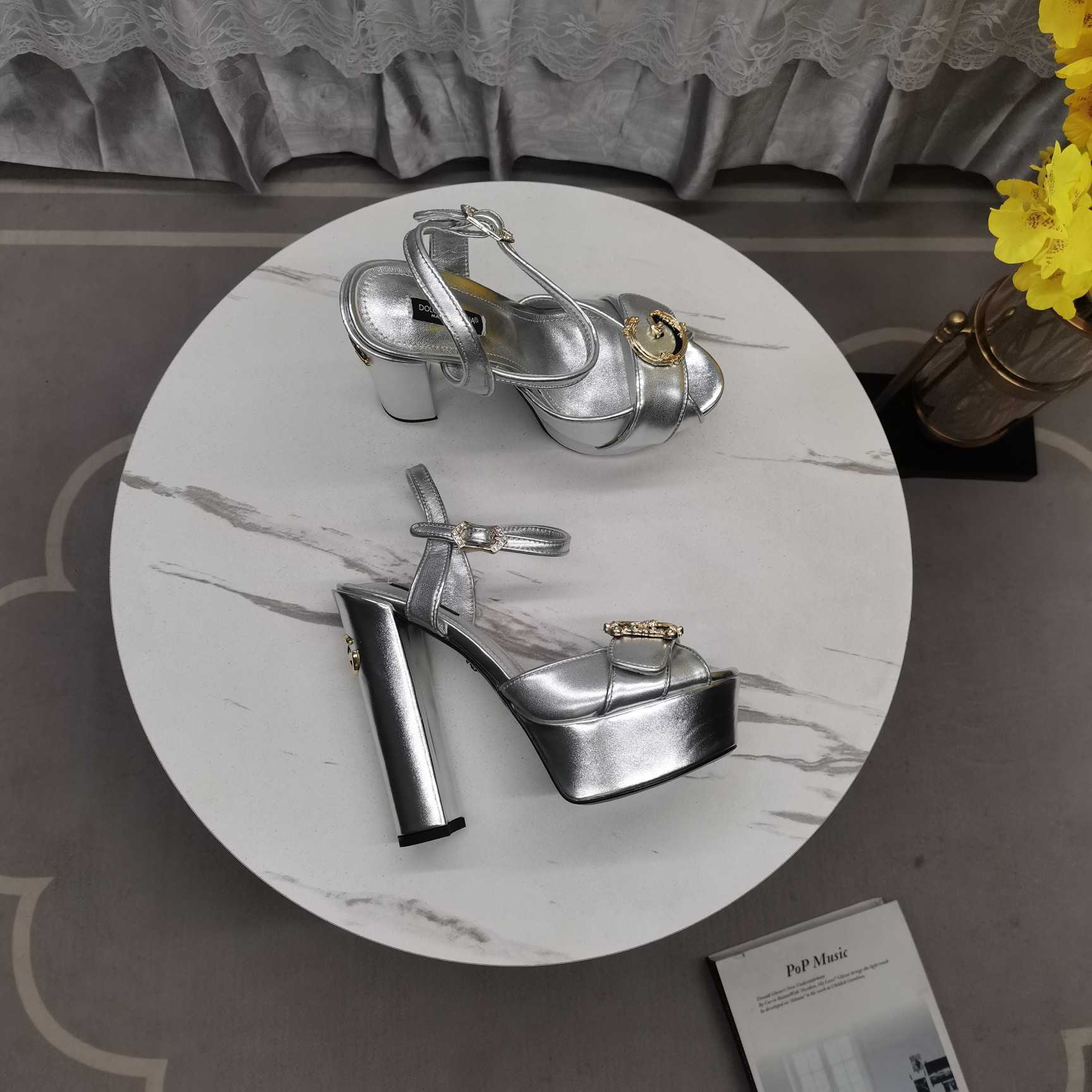 Dolce & Gabbana Silver Leather Platform Logo Keira Sandals - 
