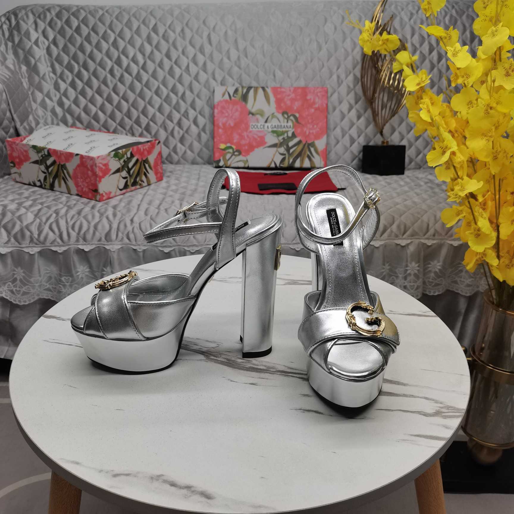 Dolce & Gabbana Silver Leather Platform Logo Keira Sandals - 