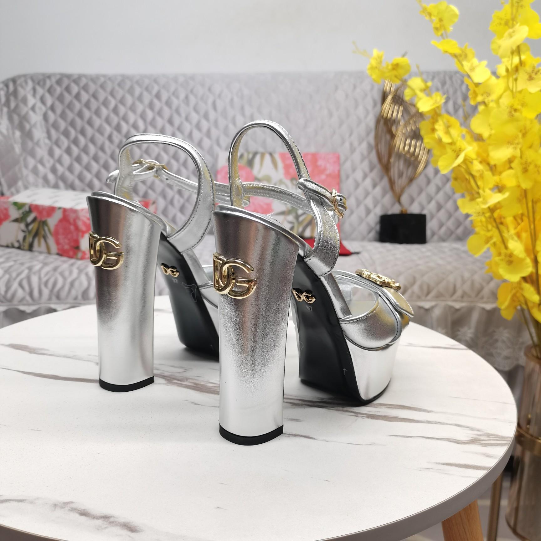 Dolce & Gabbana Silver Leather Platform Logo Keira Sandals - 