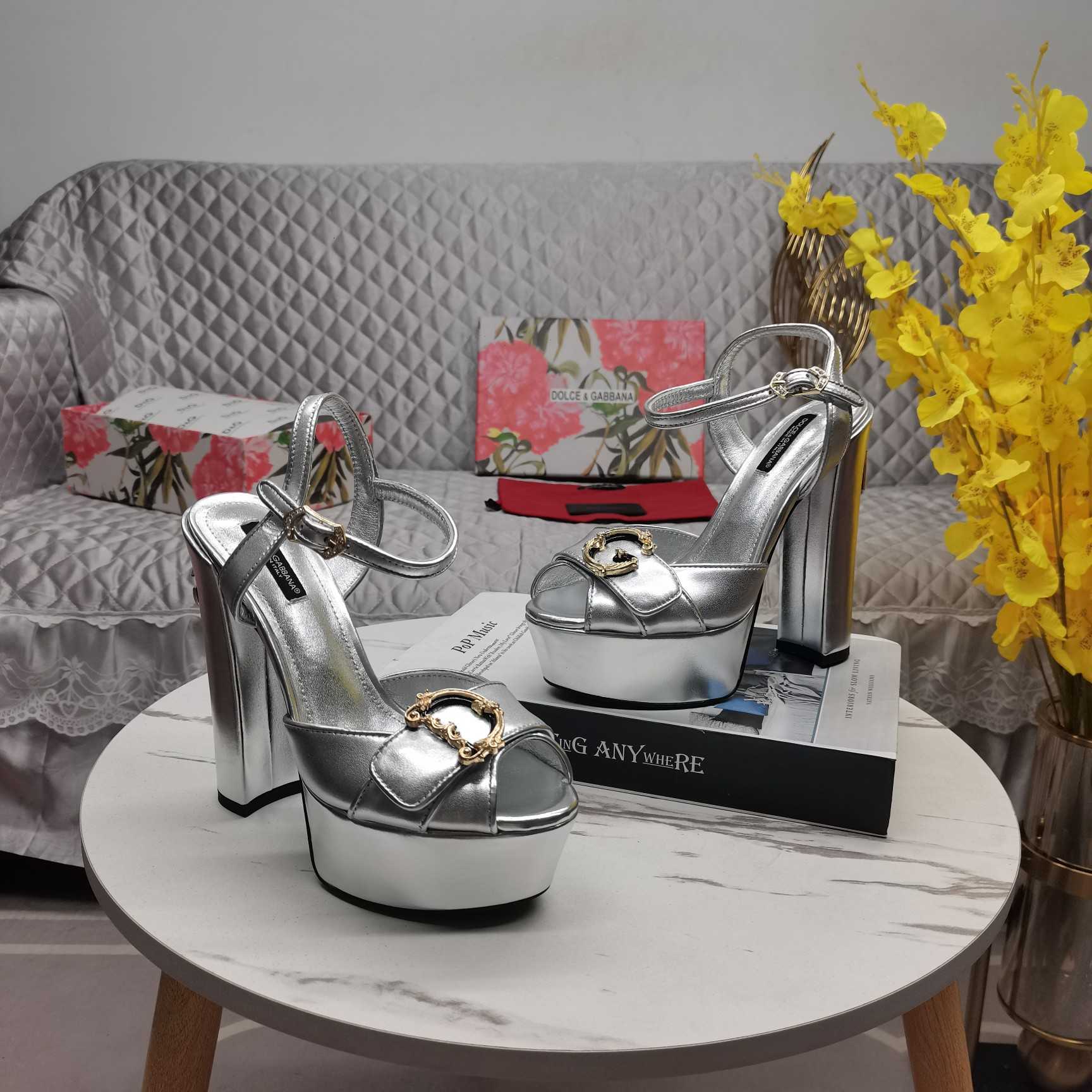 Dolce & Gabbana Silver Leather Platform Logo Keira Sandals - 