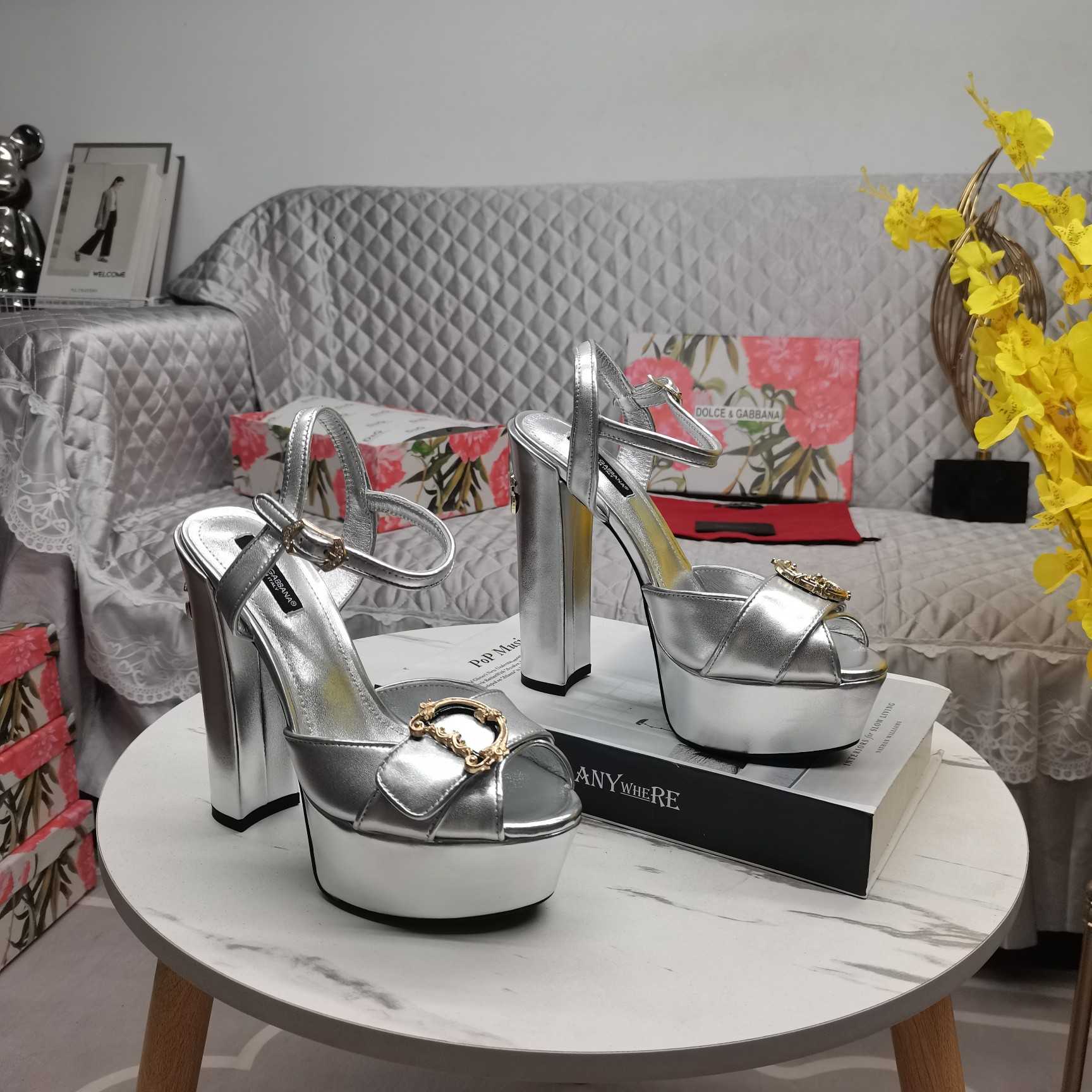 Dolce & Gabbana Silver Leather Platform Logo Keira Sandals - 