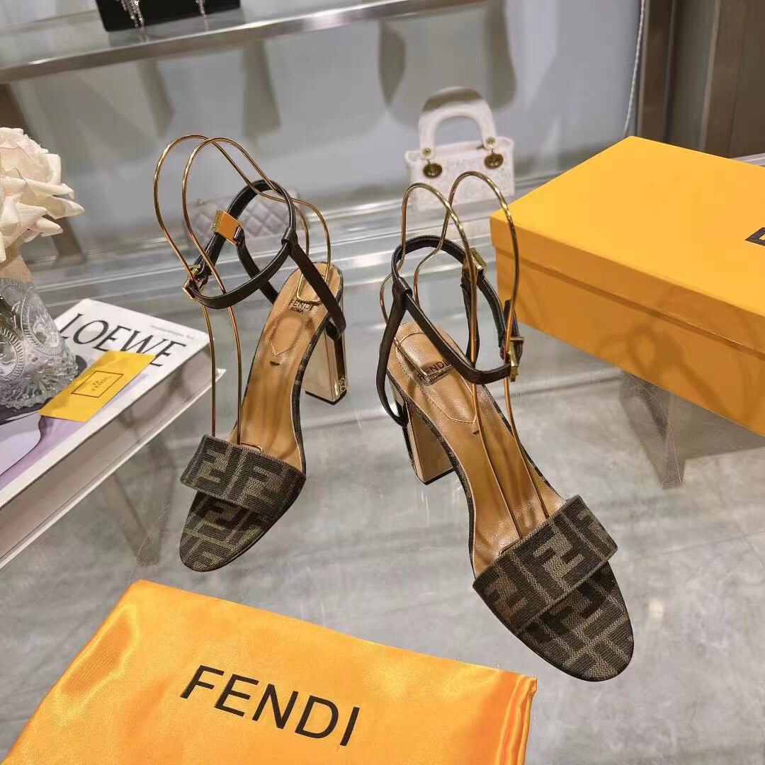 Fendi Delfina Brown Fabric High-heeled Sandals - 