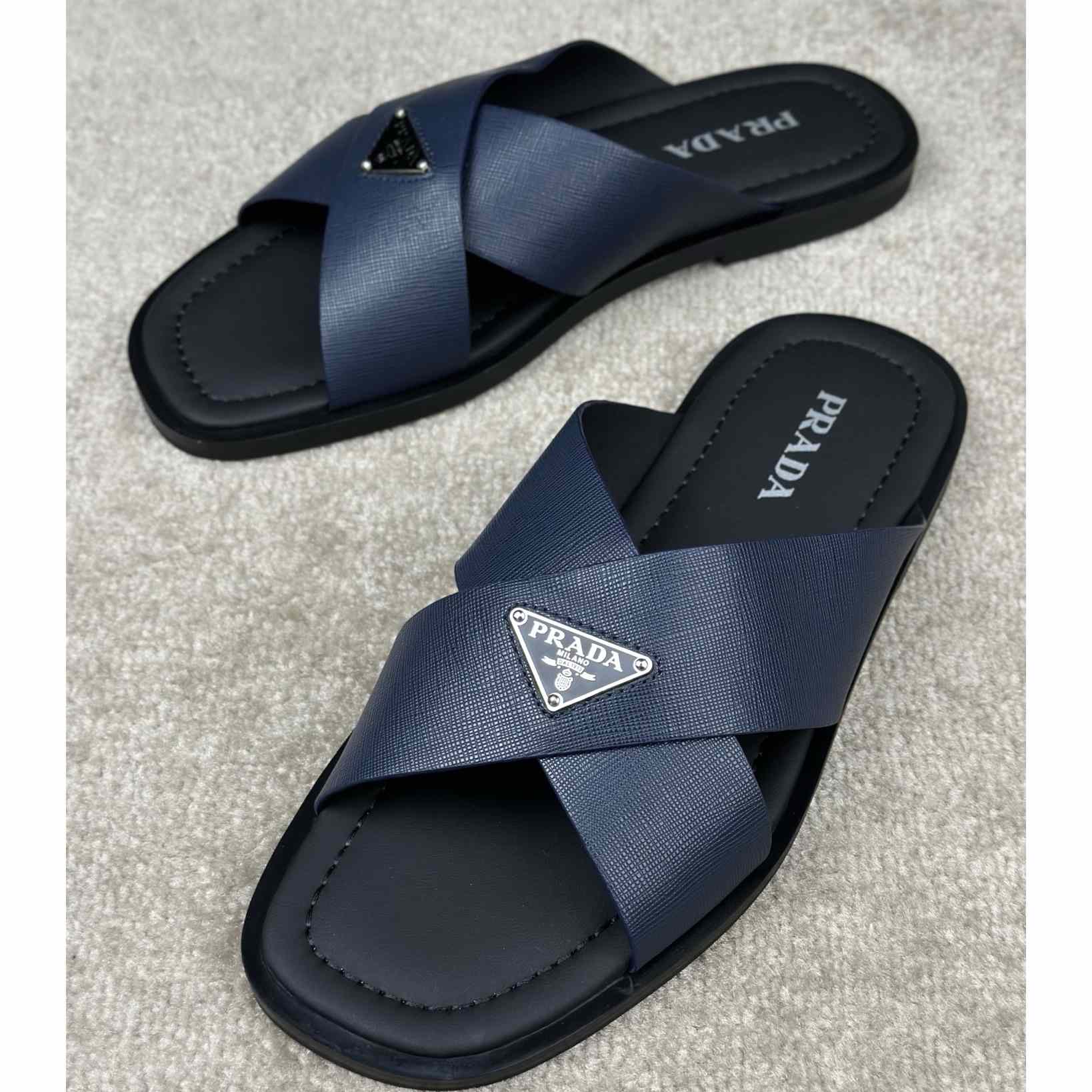 Prada Crisscross Leather Slides - 