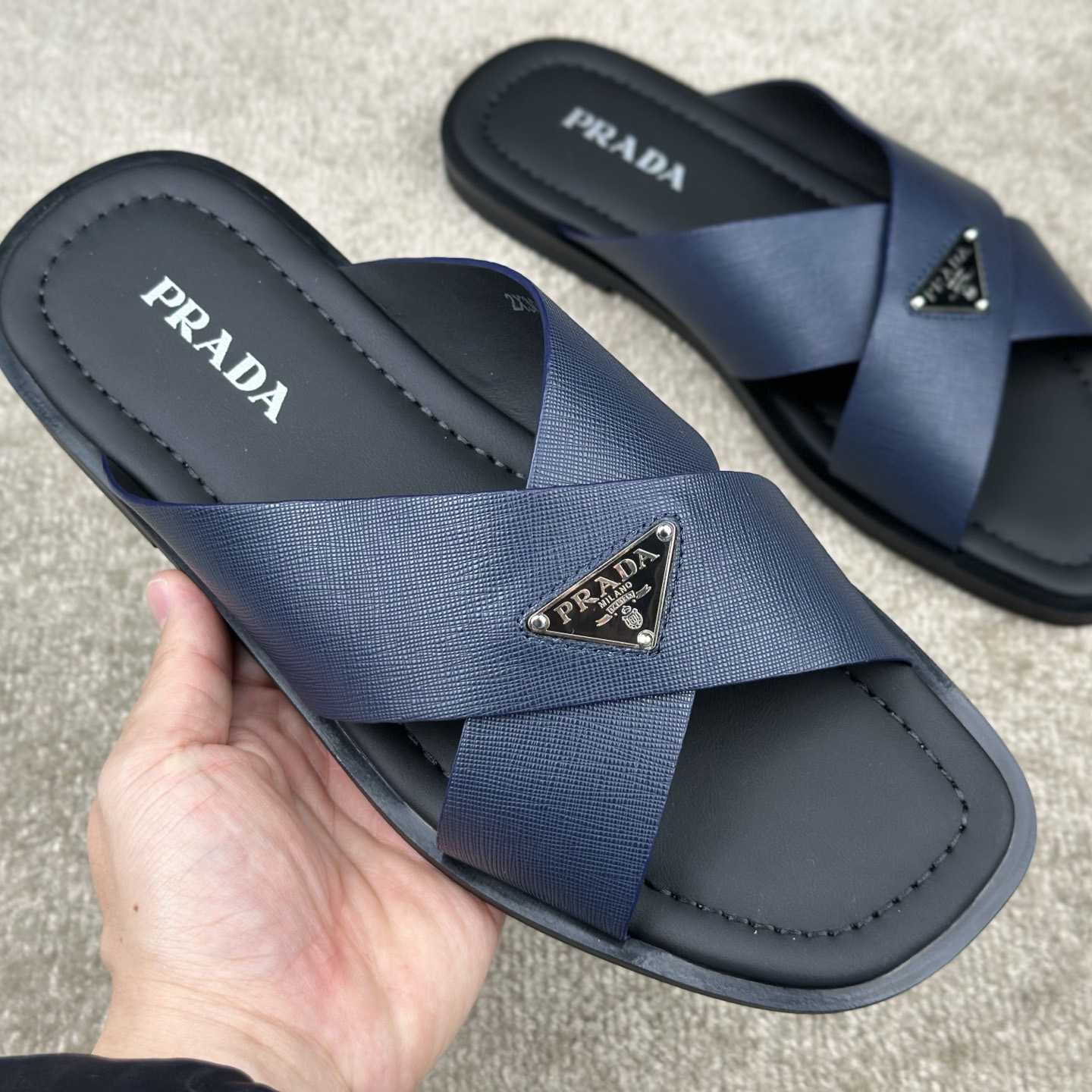 Prada Crisscross Leather Slides - 