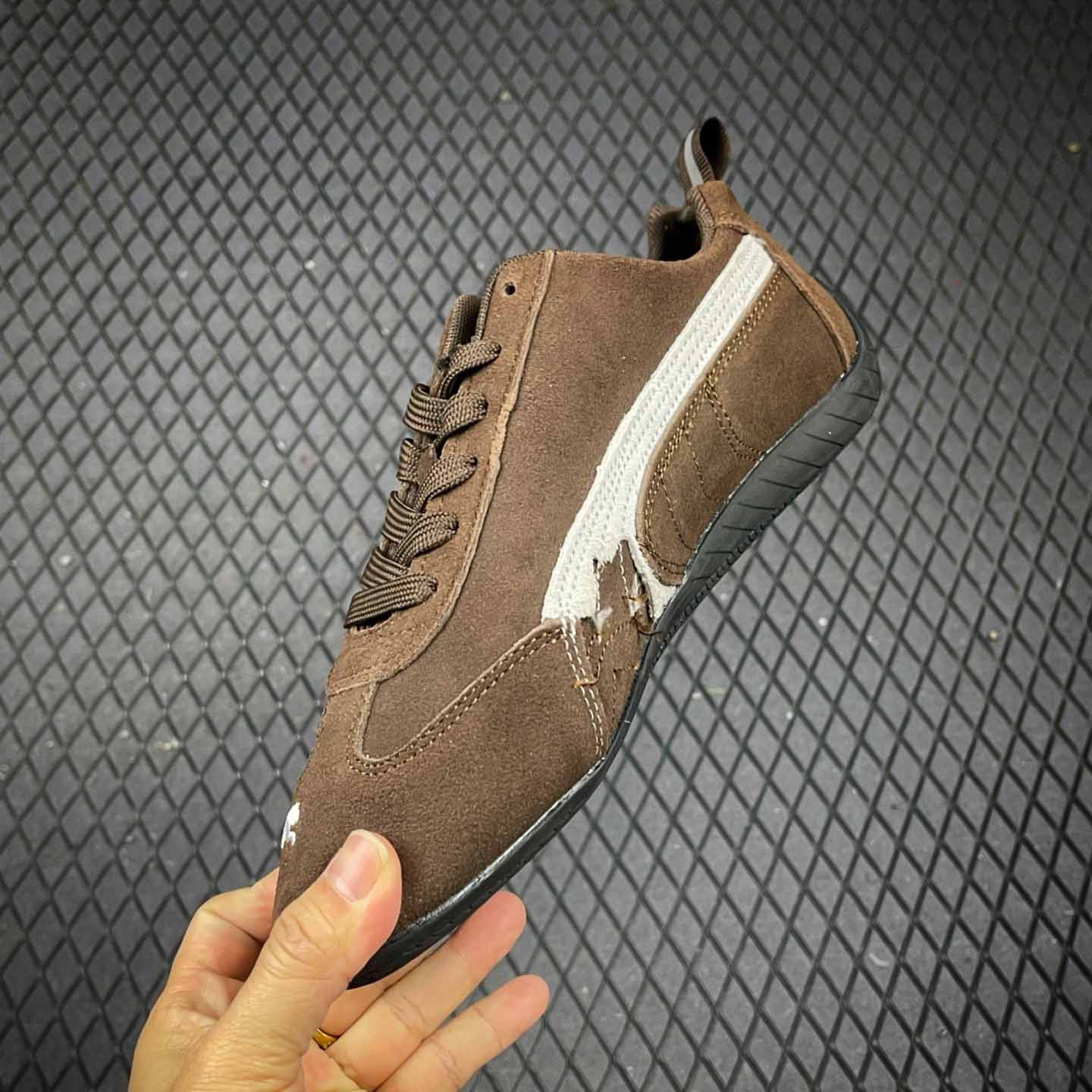Balenciaga Speedcat Suede Balenciaga In Brown, White And Black Distressed Suede Cowskin - DesignerGu