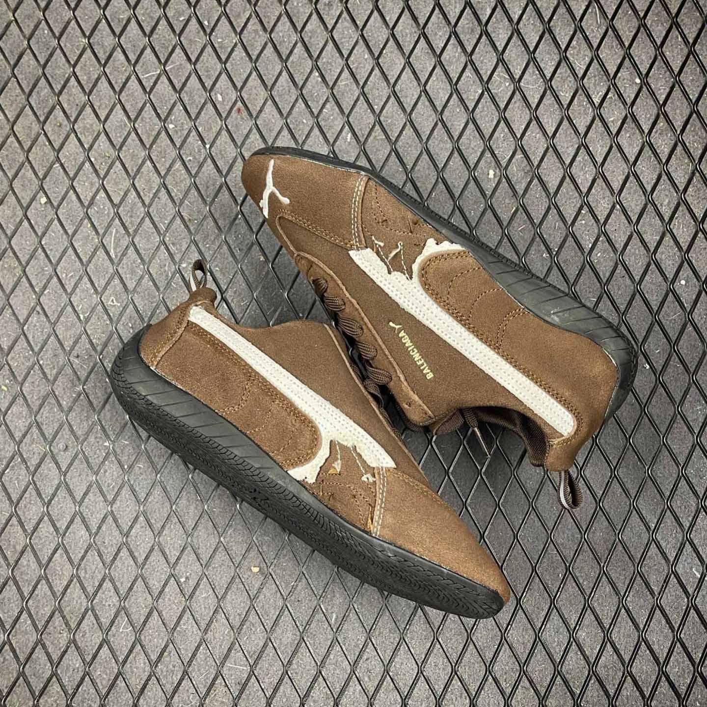 Balenciaga Speedcat Suede Balenciaga In Brown, White And Black Distressed Suede Cowskin - DesignerGu