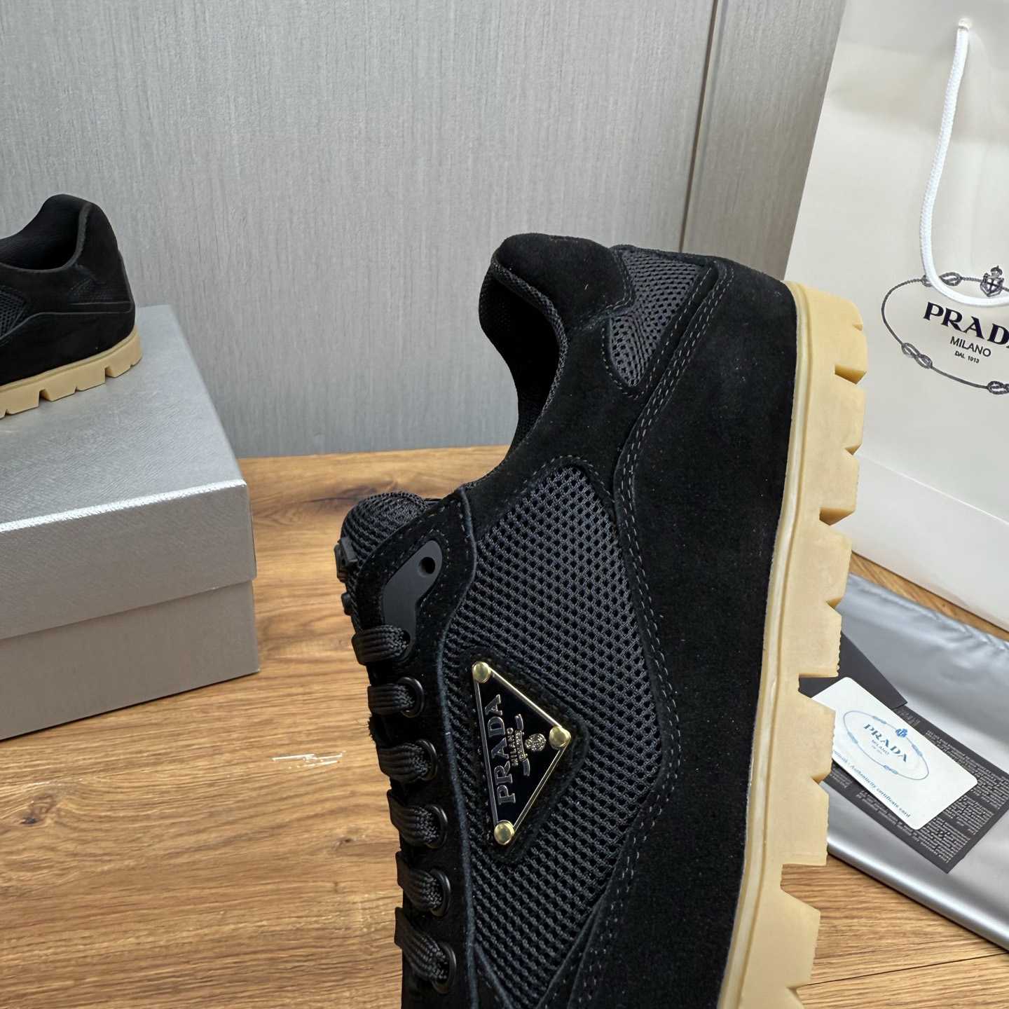 Prada Trail Mesh Fabric And Suede Sneakers - DesignerGu
