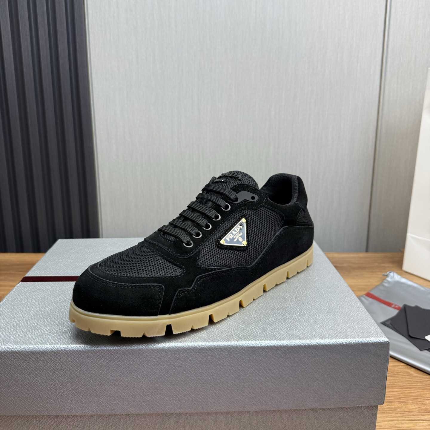 Prada Trail Mesh Fabric And Suede Sneakers - DesignerGu