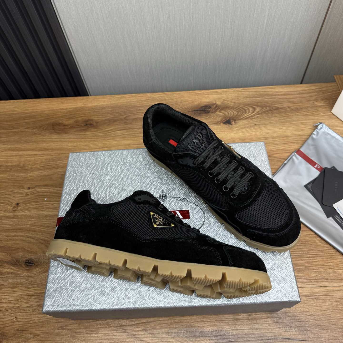 Prada Trail Mesh Fabric And Suede Sneakers - DesignerGu