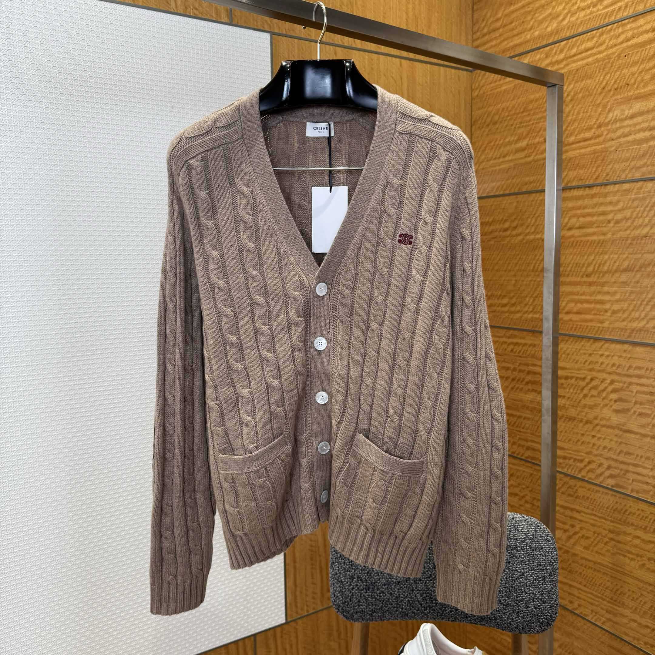 Celine Triomphe Cardigan In Cable-Knit Cashmere - DesignerGu